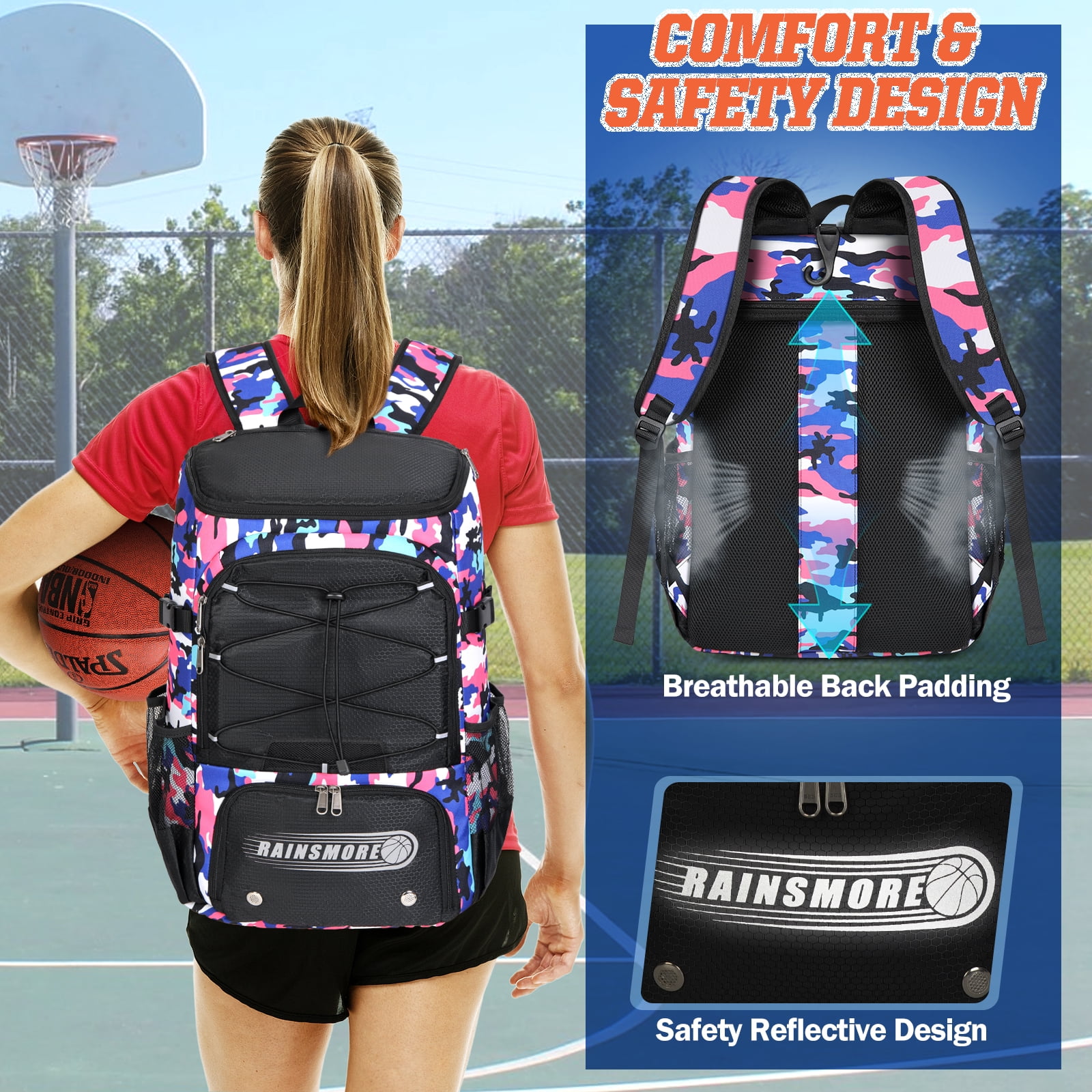 Rainsmore Basketball Backpack with Separate Ball Holder and Shoe Compartment (Pink, 14.2 in x 9.8 in x 20.9 in) 247oo