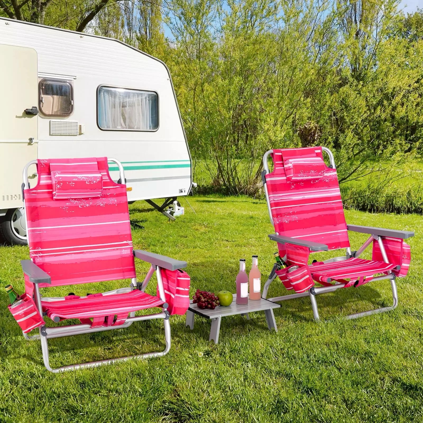 Auranook 2-Pack Folding Backpack Beach Chair Set with Side Table (Pink, 5-Position Reclining) mudv9