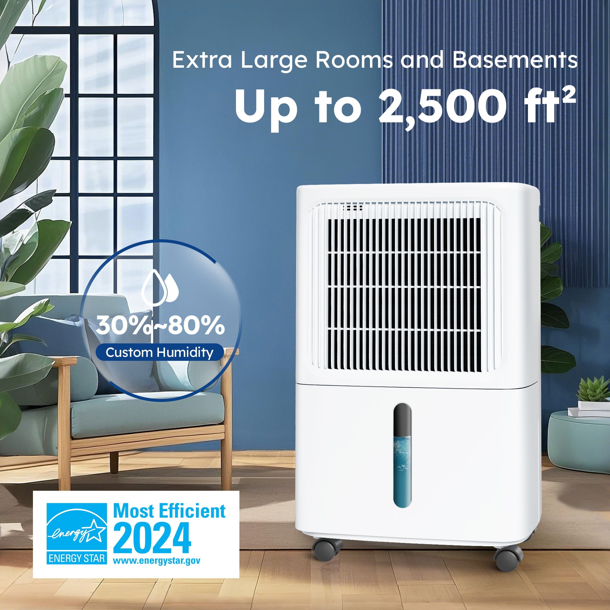 MF Studio Energy-Efficient Dehumidifier for Large Spaces, Quiet Operation with Drain Hose (White, 31 Pints) 8xmwb