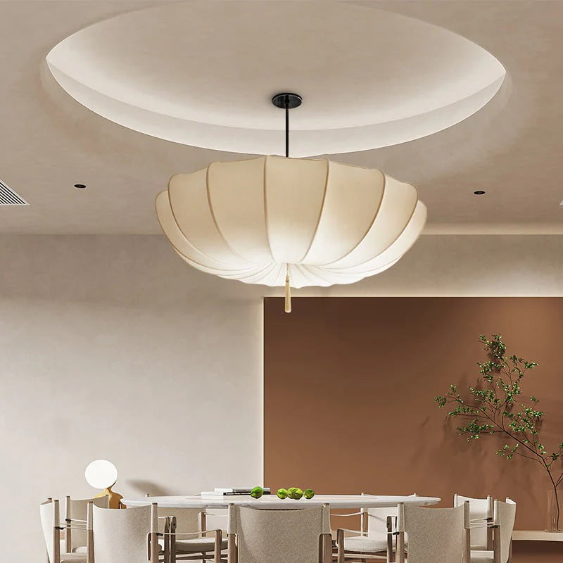 Viaurbe Japanese Minimalist Fabric Shade Chandelier with Iron Frame (Round, 18 in) 4kf1h