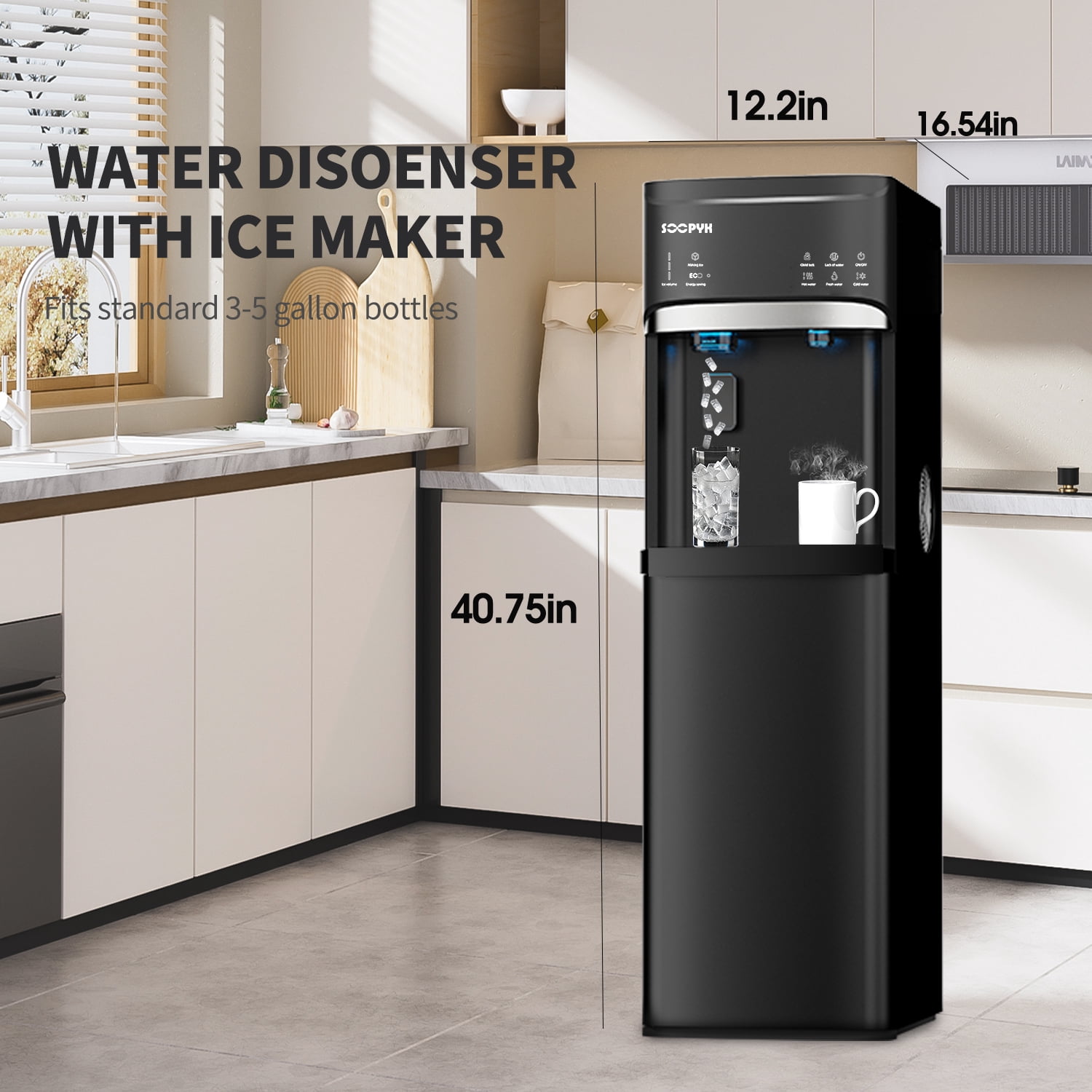 SOOPYK Bottom Loading Water Dispenser with Nugget Ice Maker, 3-Temperature Settings, Self-Cleaning, Child Safety Lock (Black, 5 Gallon) xvx61