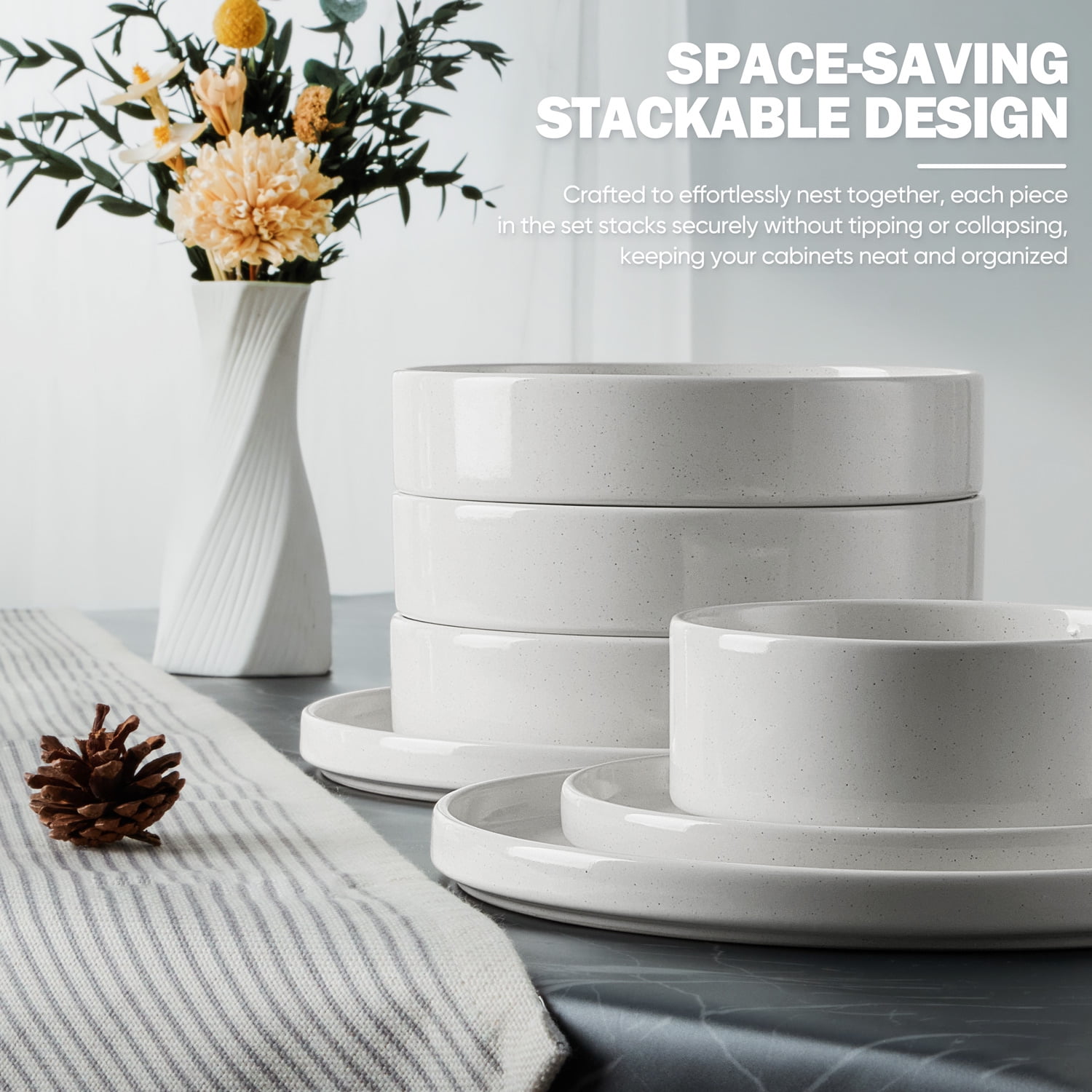 Vesteel 16-Piece Stoneware Dinnerware Set, Speckled Kitchen Dishes for 4 (Off-white, 16 Pieces) 4rt86