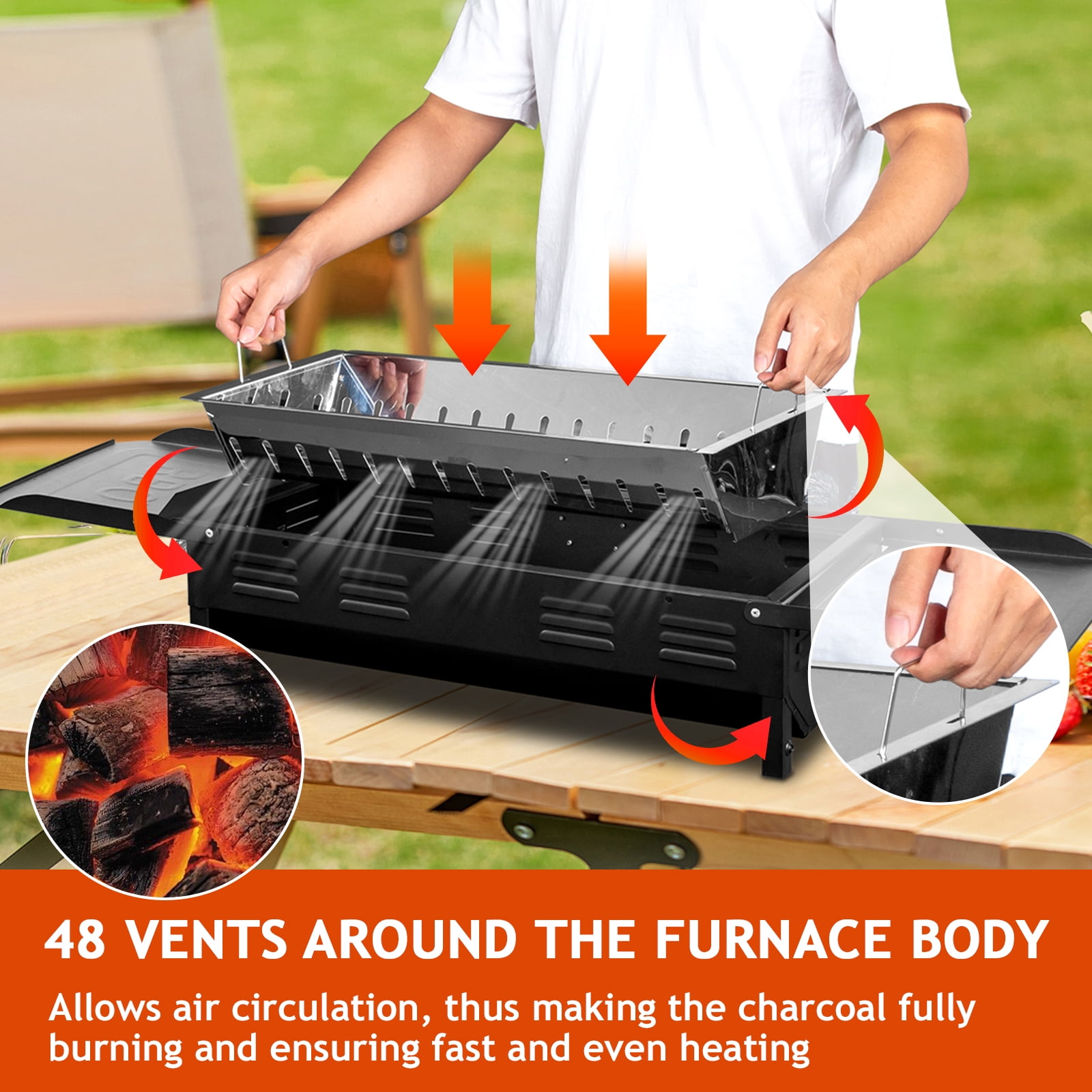 General Portable Charcoal Grill, Foldable Hibachi Barbecue Grill for Camping and Backyard (Black, 17 in x 11 in) iv7uf