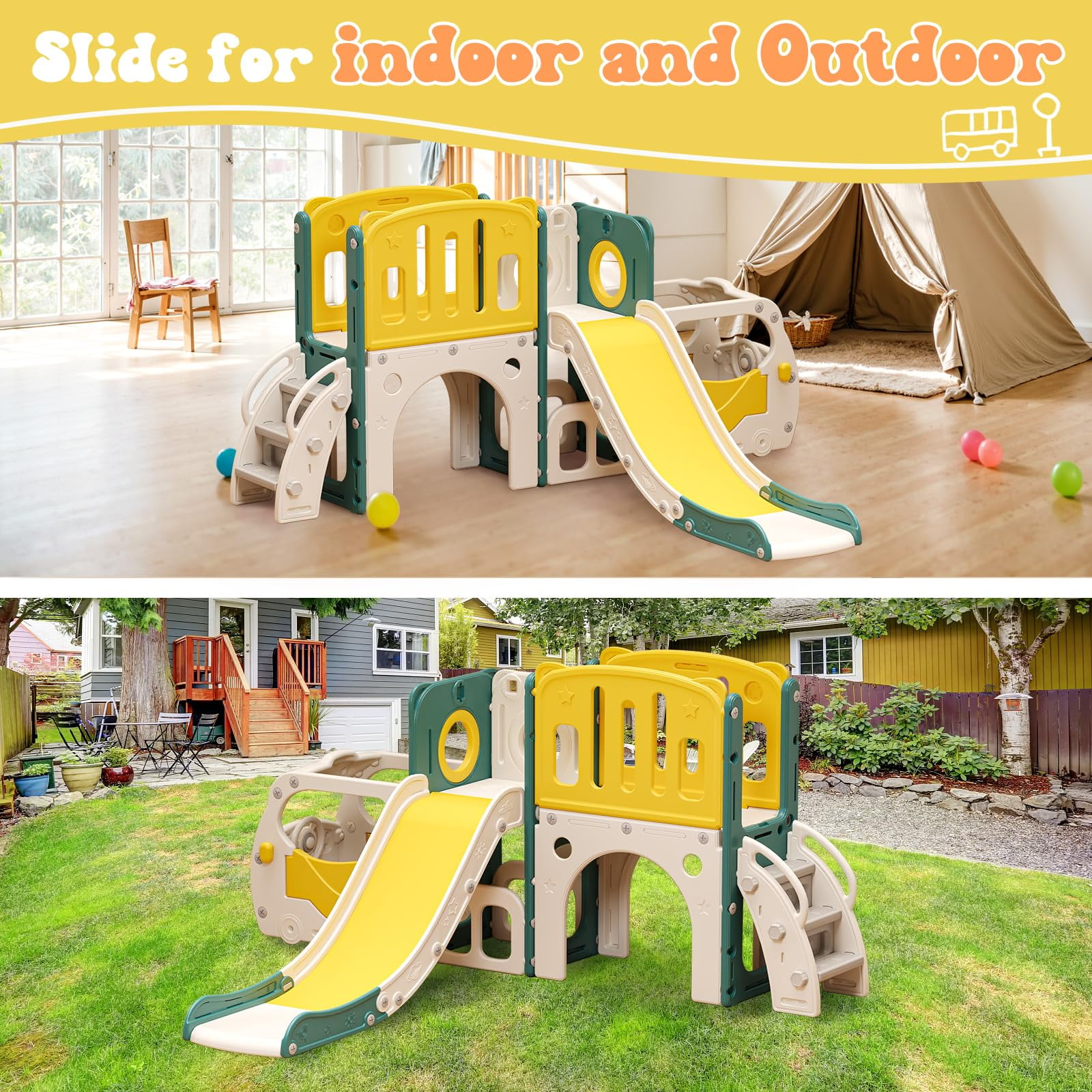 JIAOQIU Bus Themed Toddler Slide Playset with Climber and Basketball Hoop (Green) 63fi7