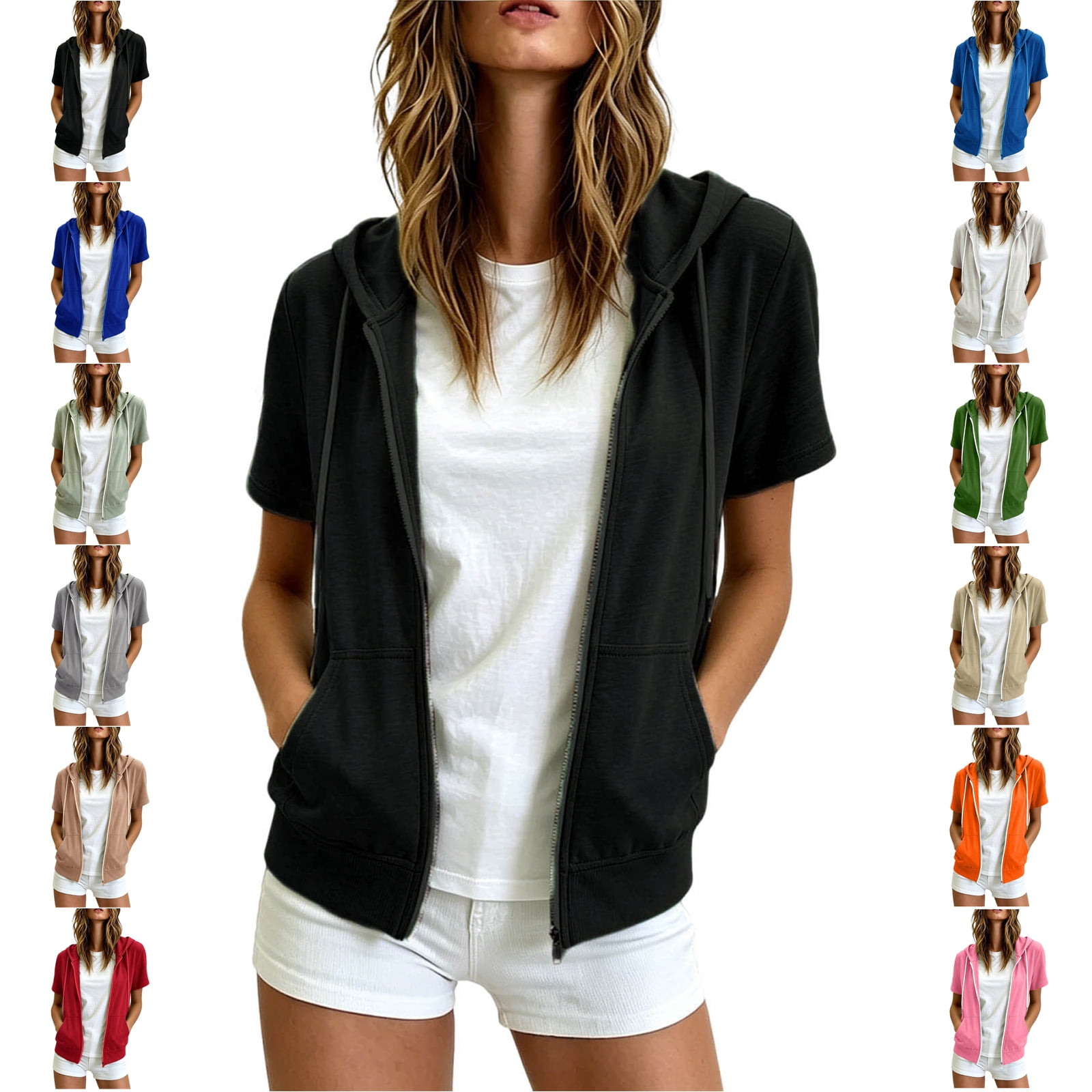 TGSLY Women's Short Sleeve Zip Up Hoodie Lightweight Casual Drawstring Jacket (Black, S) fuun1