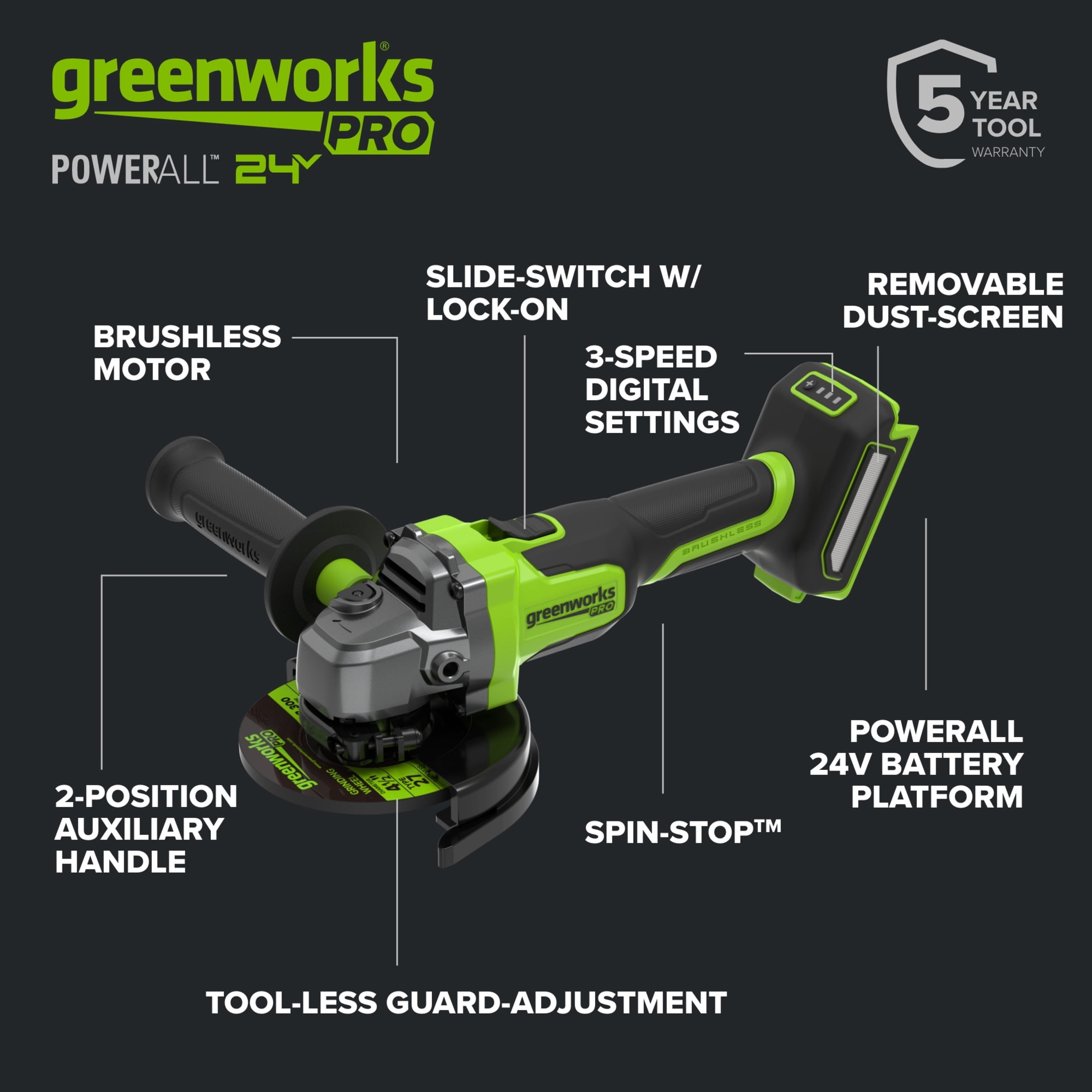 Greenworks Pro PowerAll 24V Brushless Angle Grinder (4.5 in, Tool Only) 8uoyi