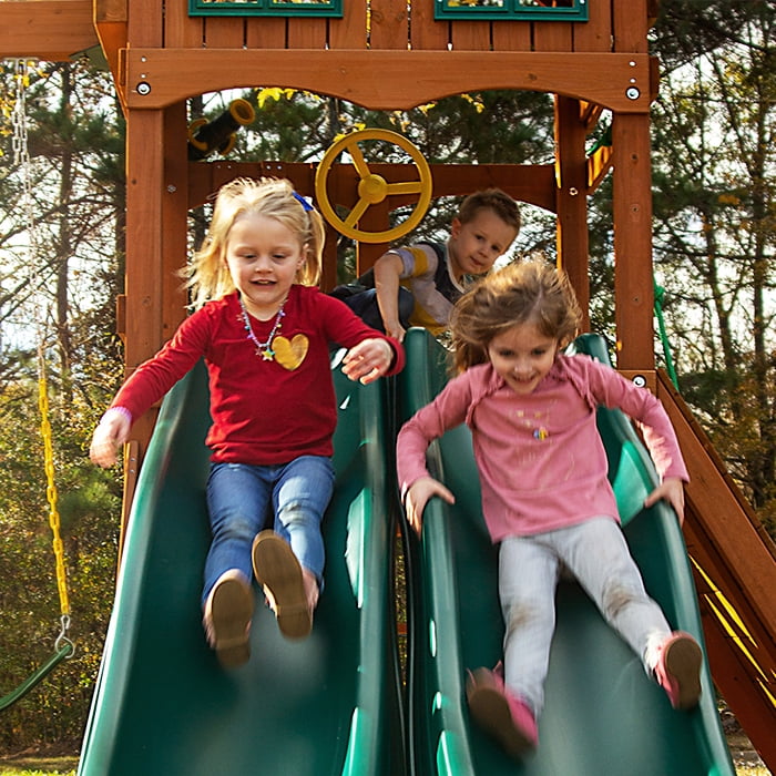 Gorilla Playsets Avalon Wooden Swing Set with Dual Slides and Climbing Rock Wall (Amber, 1 Unit) pfgpi