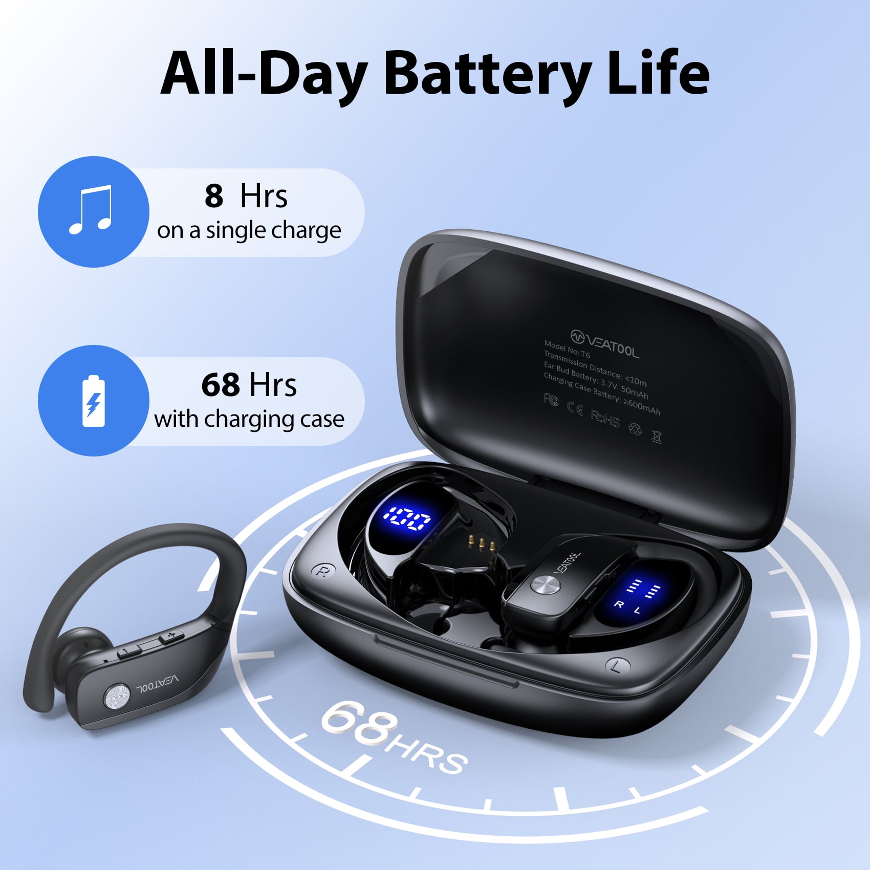 VEAT00L Wireless Earbuds Bluetooth 5.4 Sport Headphones with Earhooks and Noise Cancelling Microphone (Black) 95drk