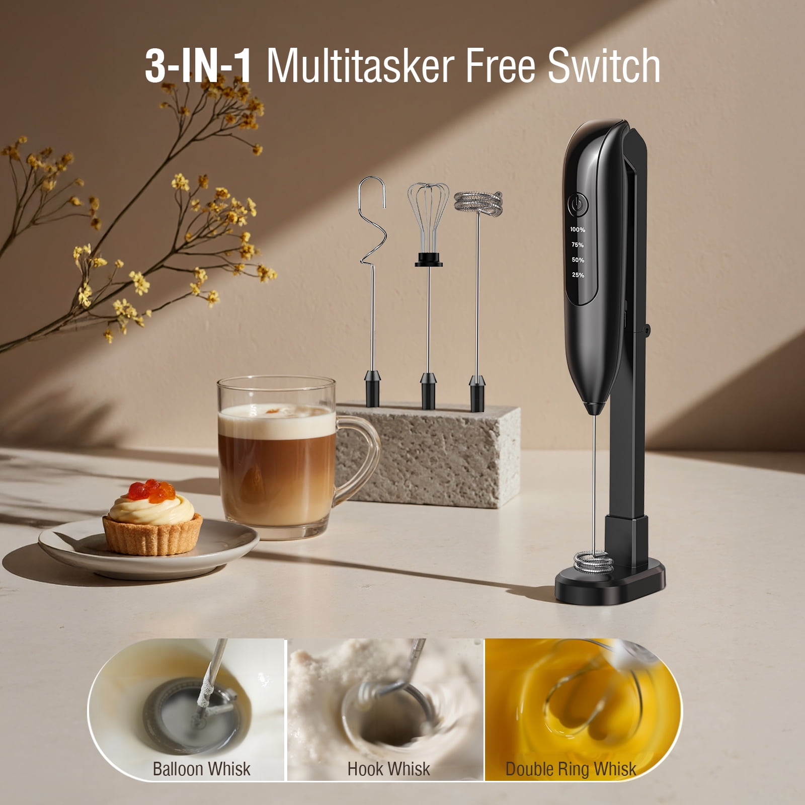 Skdwakiz Electric Milk Frother Handheld Rechargeable Wand with 3 Whisks, LED Display & Magnetic Stand (Black, 1 Unit) 5heaa