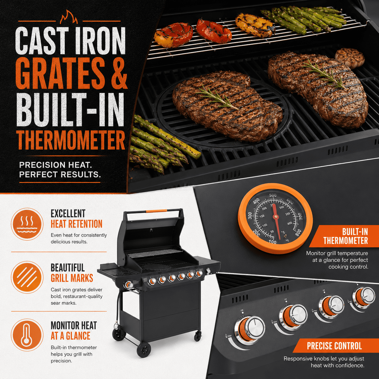 Seizeen 4 Burner Propane Gas Grill with Side Burner, Outdoor Stainless Steel BBQ Grill (Black, 46790 BTU) eavsv