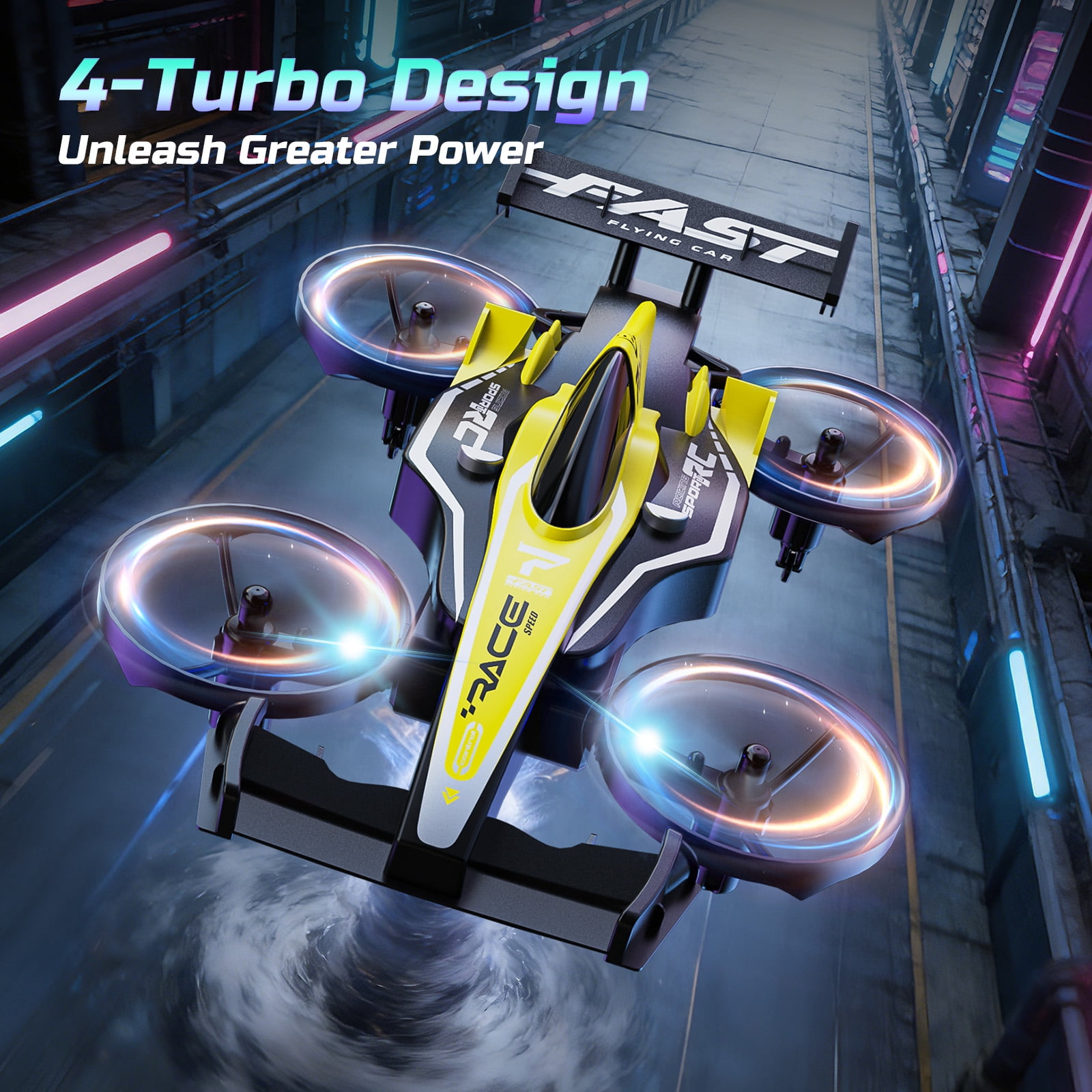 WEFONE ZF24 2-in-1 RC Drone and Stunt Car, Remote Control Vehicle with 3-Speed Mode and 360° Flips (Yellow, 2-Pack Battery) 5rlud