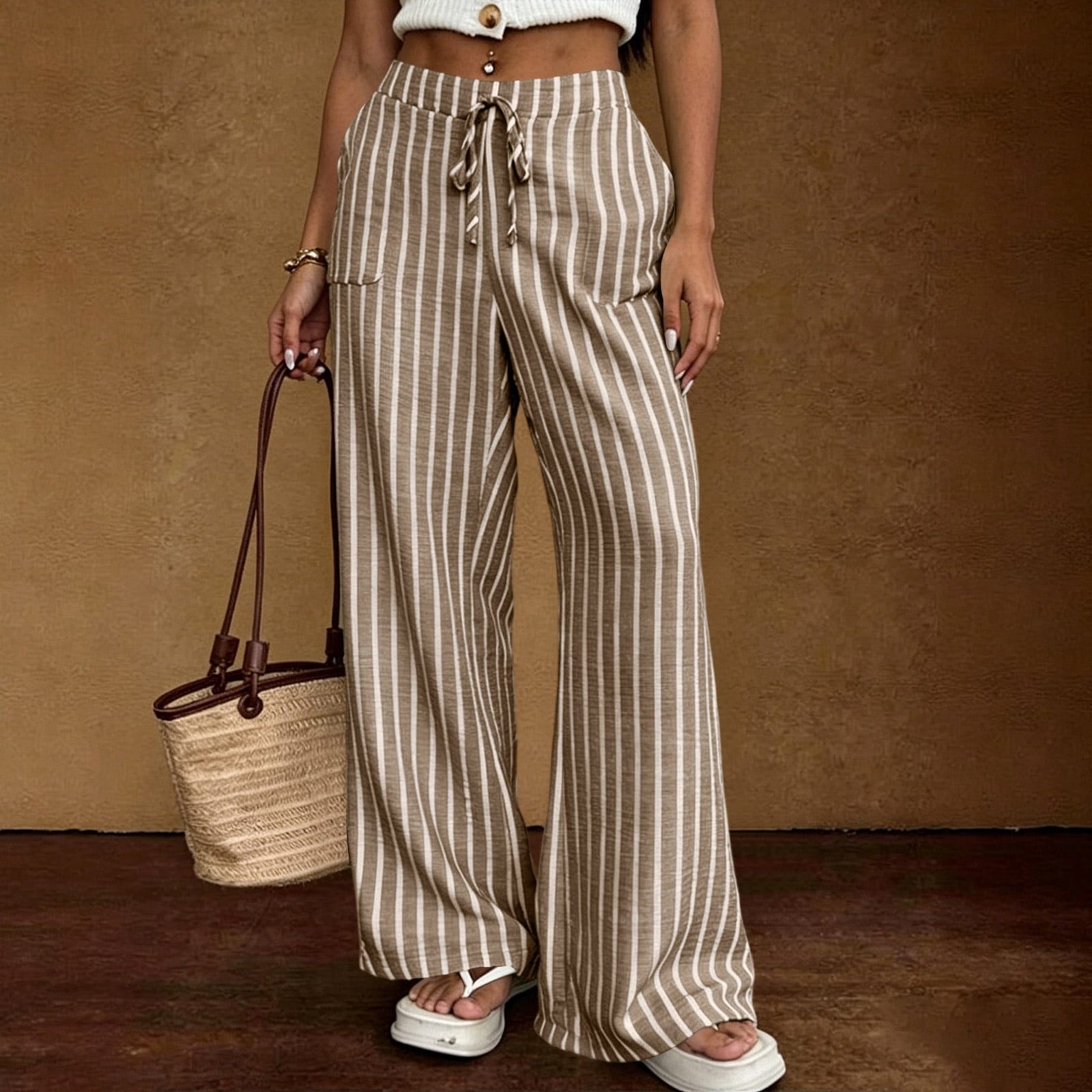 Textilo Womens Striped Wide Leg Palazzo Pants Casual Drawstring Trousers with Pockets (Khaki, M) qh4xn