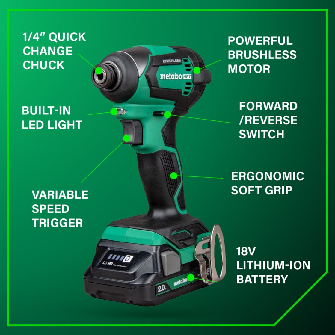 Metabo HPT 18V Cordless Impact Driver Kit, Brushless Motor, Variable Speed (Green, 1/4-In Chuck) bpxpi