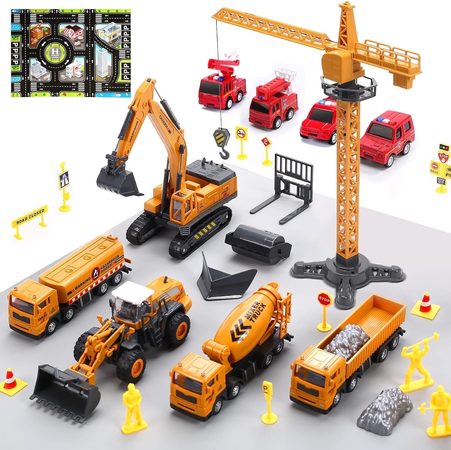 JoyStone Construction Vehicle Engineering Truck Playset with Playmat and Accessories (Yellow, 31.1 in Playmat) vmkha