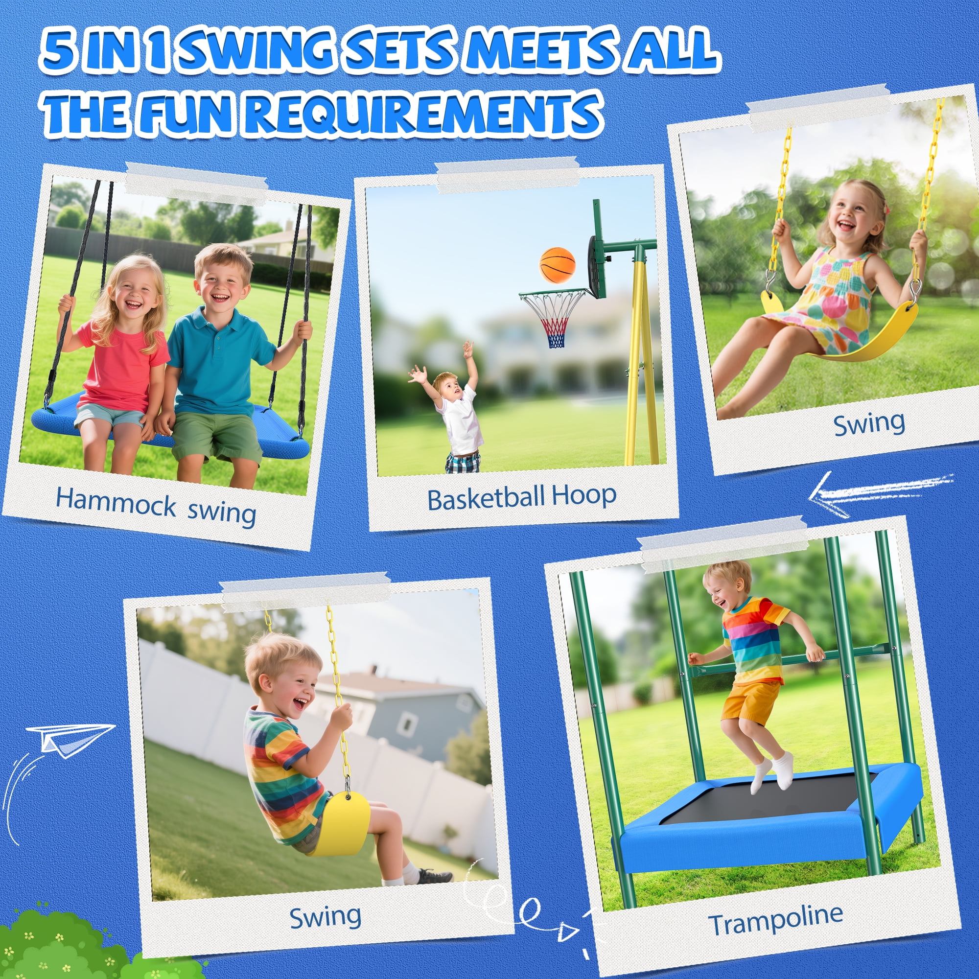 Easoger Metal Swing Set for Backyard, Heavy-Duty Outdoor Kids Playset with Trampoline, Platform Swing, 2 Swings and Basketball Hoop (11.1 ft L x 8.3 ft W x 6.1 ft H) mry3p