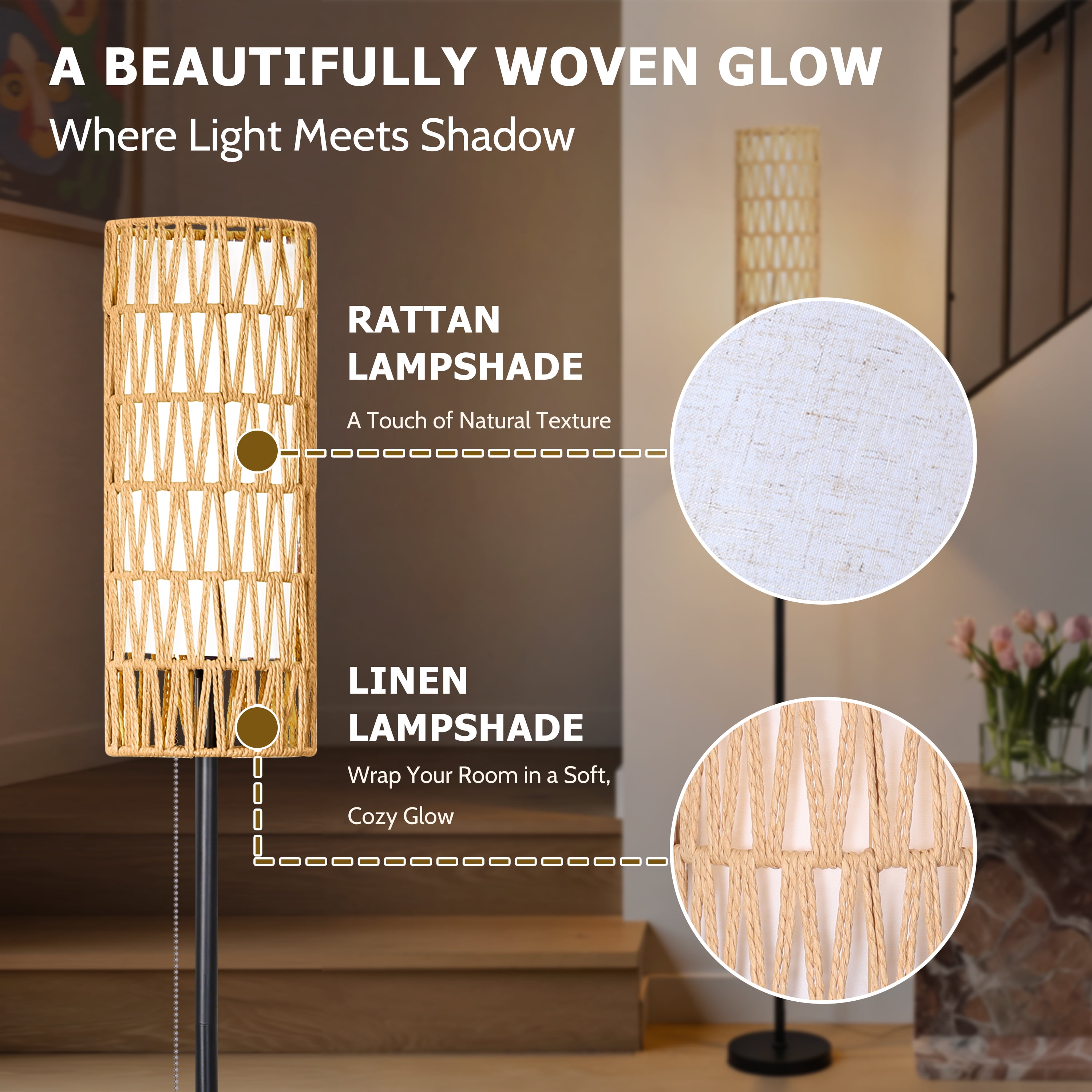 Coliware 63 in Rattan Floor Lamp, Modern Standing Pole Lamp with Dual Shade and Pull Chain (Black, 63 in) 7tbs8