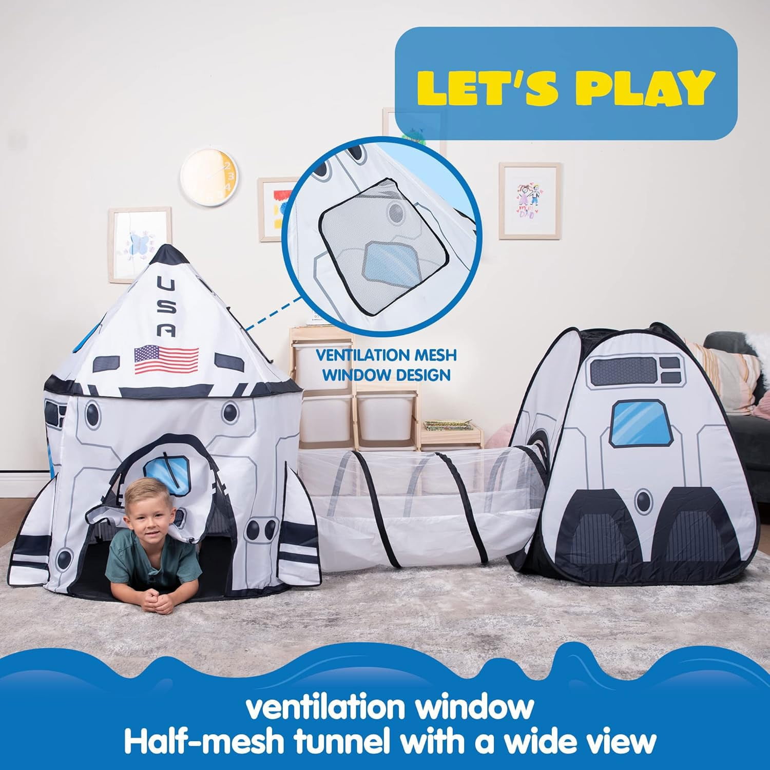 Joyfy Rocket Ship Play Tent Set with Tunnel and Cube (3-Piece, Multi-Color) ukhk0