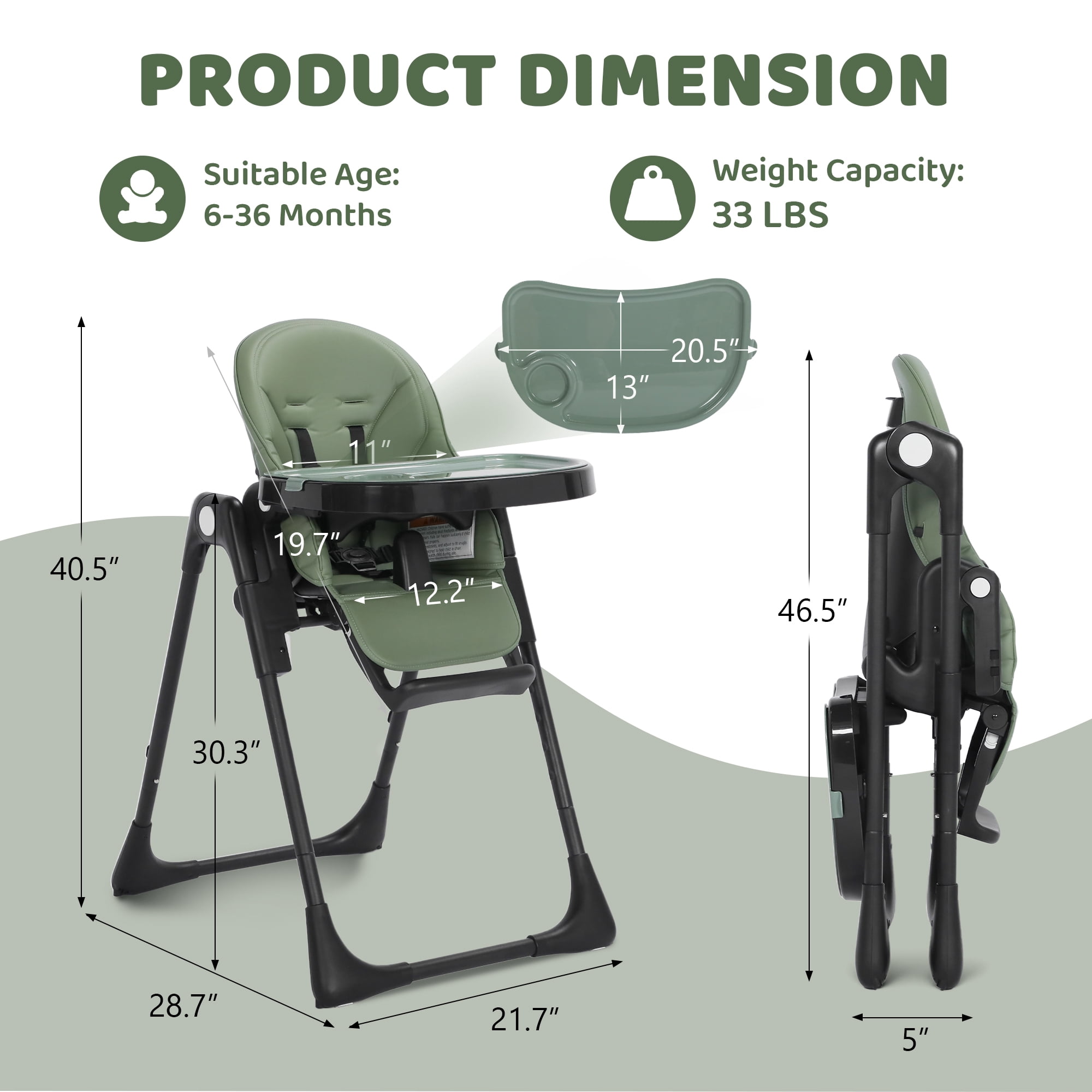 AILEEKISS Foldable Baby High Chair with Detachable Double Trays and Adjustable Recline (Green) xfin6