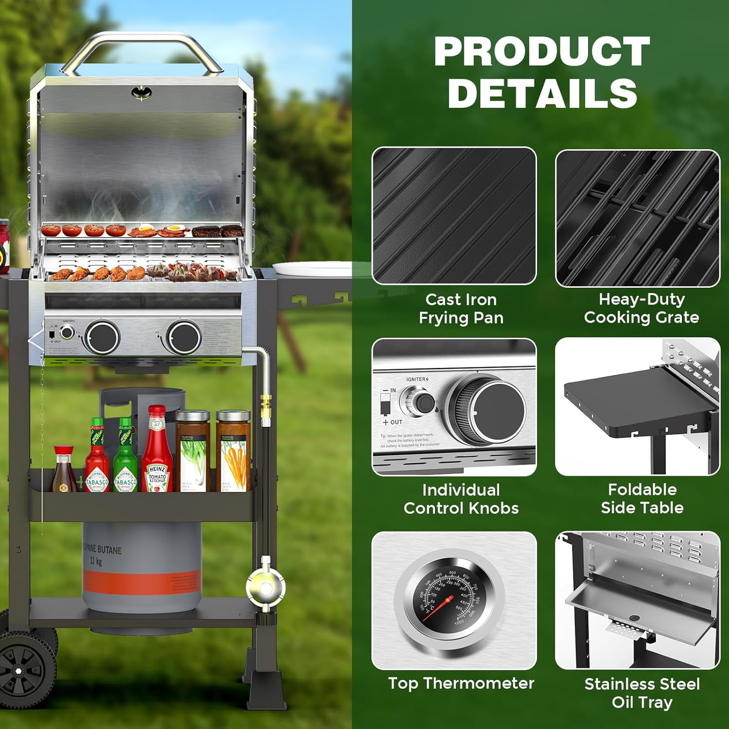 FREE VILLAGE 2-Burner Propane Gas Grill, Stainless Steel Outdoor BBQ with Side Shelves and Wheels (Silver, 257 sq in) p6os3