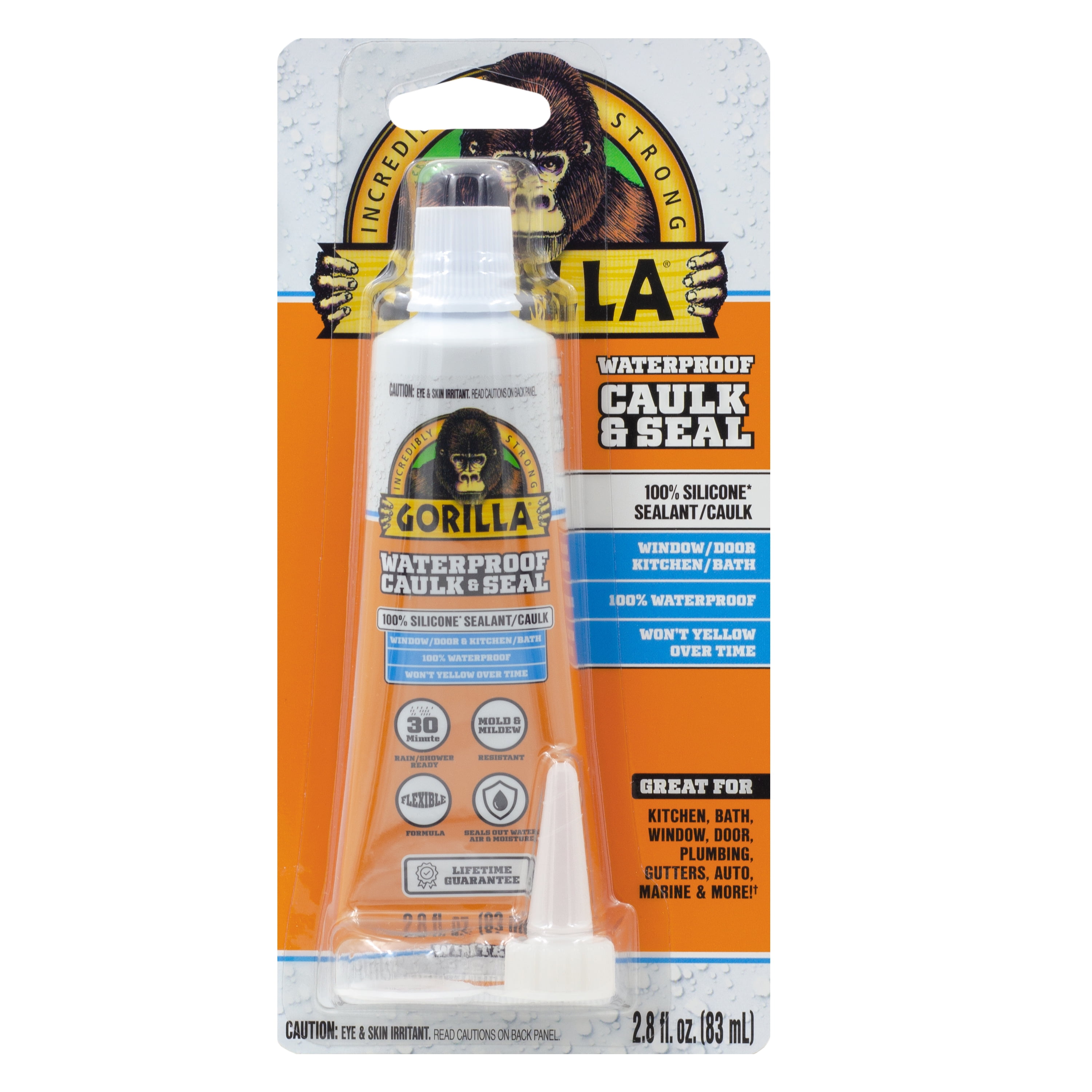 Gorilla Waterproof Silicone Sealant, Mold and Mildew Resistant Caulk for Kitchen and Bath (White, 2.8 oz) wqwgc