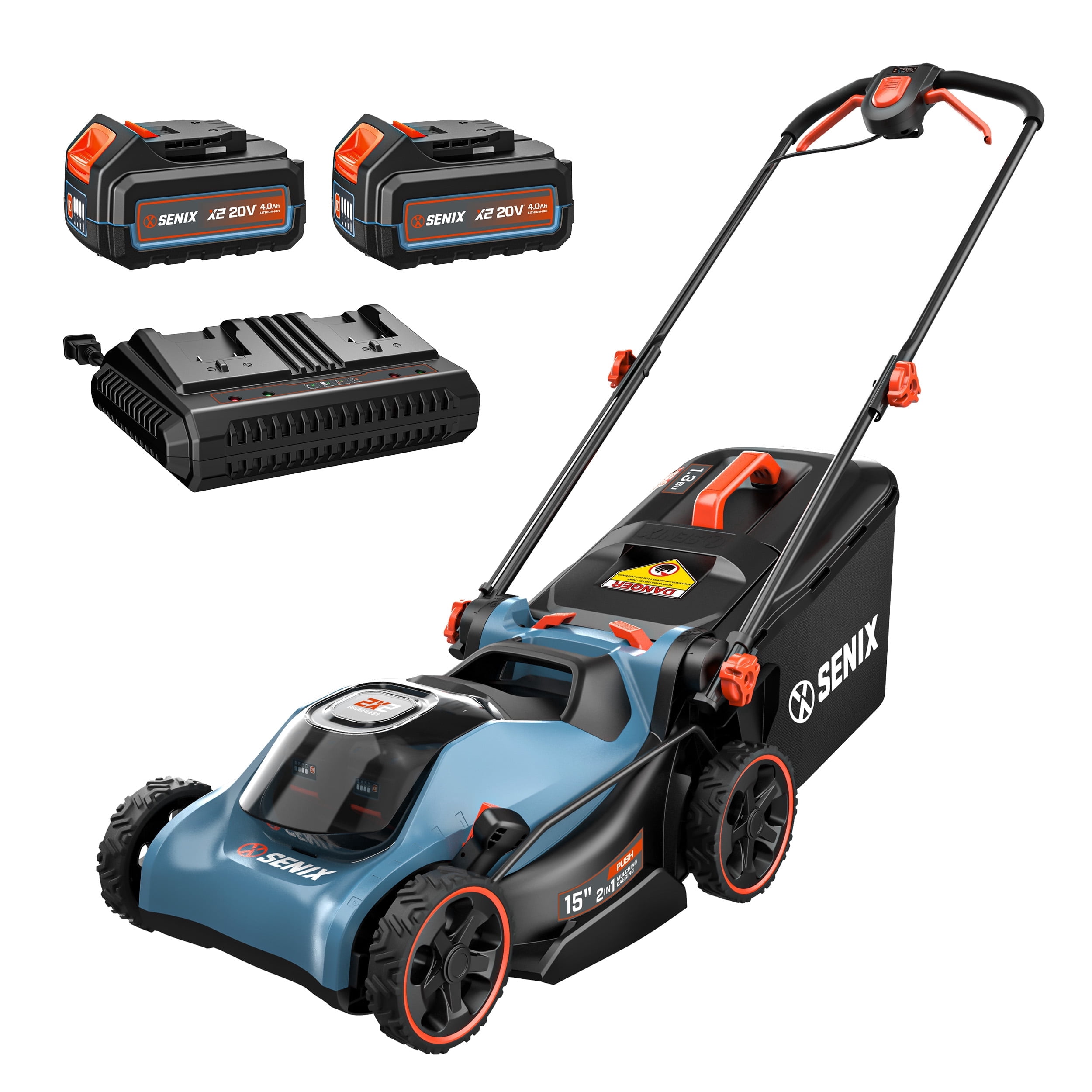 Senix 40V Brushless Cordless Push Lawn Mower with (2x) 4.0Ah Batteries, 16 in Deck, 2-in-1 Mulching and Bagging (16 in) 3u8ab