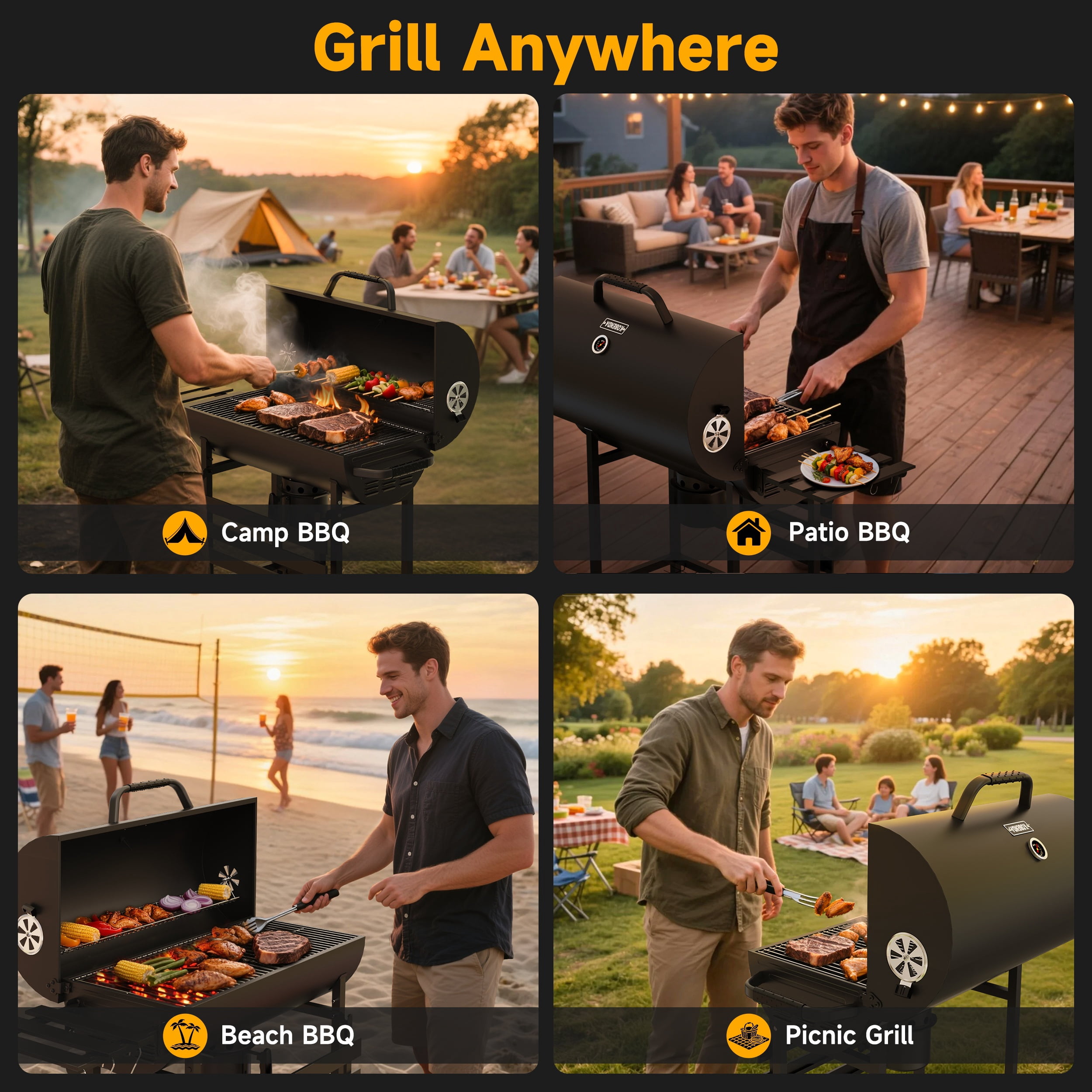 KOBENDA 29 in Barrel Charcoal Grill with Foldable Side Table and Removable Ashtray (Black, 29 in) qt2xl