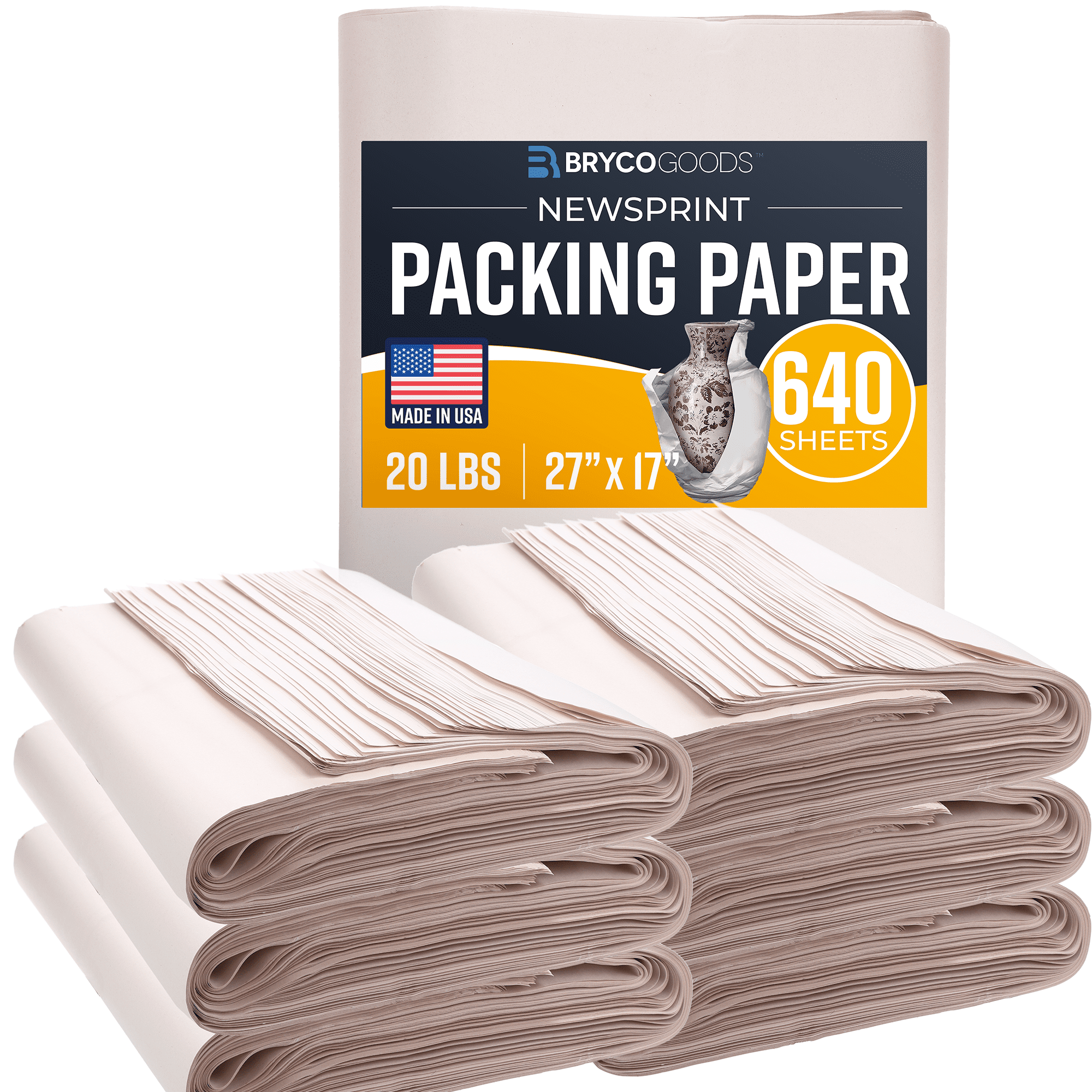 Bryco Goods Packing Paper Sheets for Moving, Protective Newsprint Wrap for Glassware and Fragile Items (White, 640 Sheets, 27 in x 17 in) rduwg