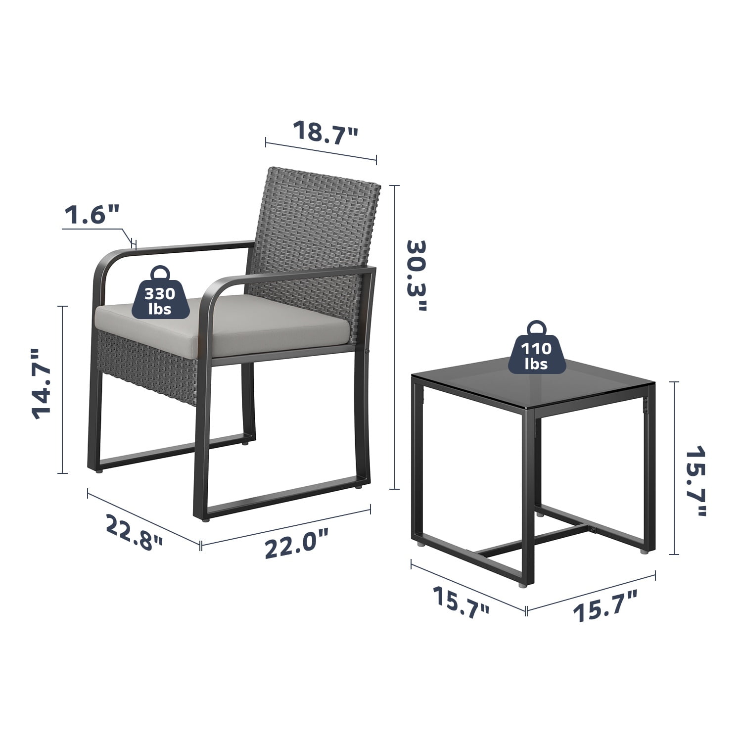 Asofer 3-Piece Outdoor Patio Furniture Set, All-Weather Wicker Bistro Chairs with Tempered Glass Table (Gray, 3-Piece Set) aovhk