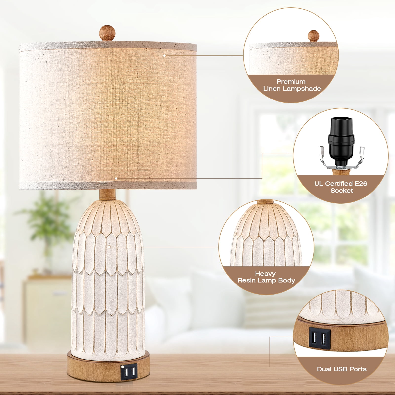 Lolikit Rustic 3-Way Dimmable Touch Table Lamps with USB Ports (Beige, 22 in, Set of 2) wt5mo