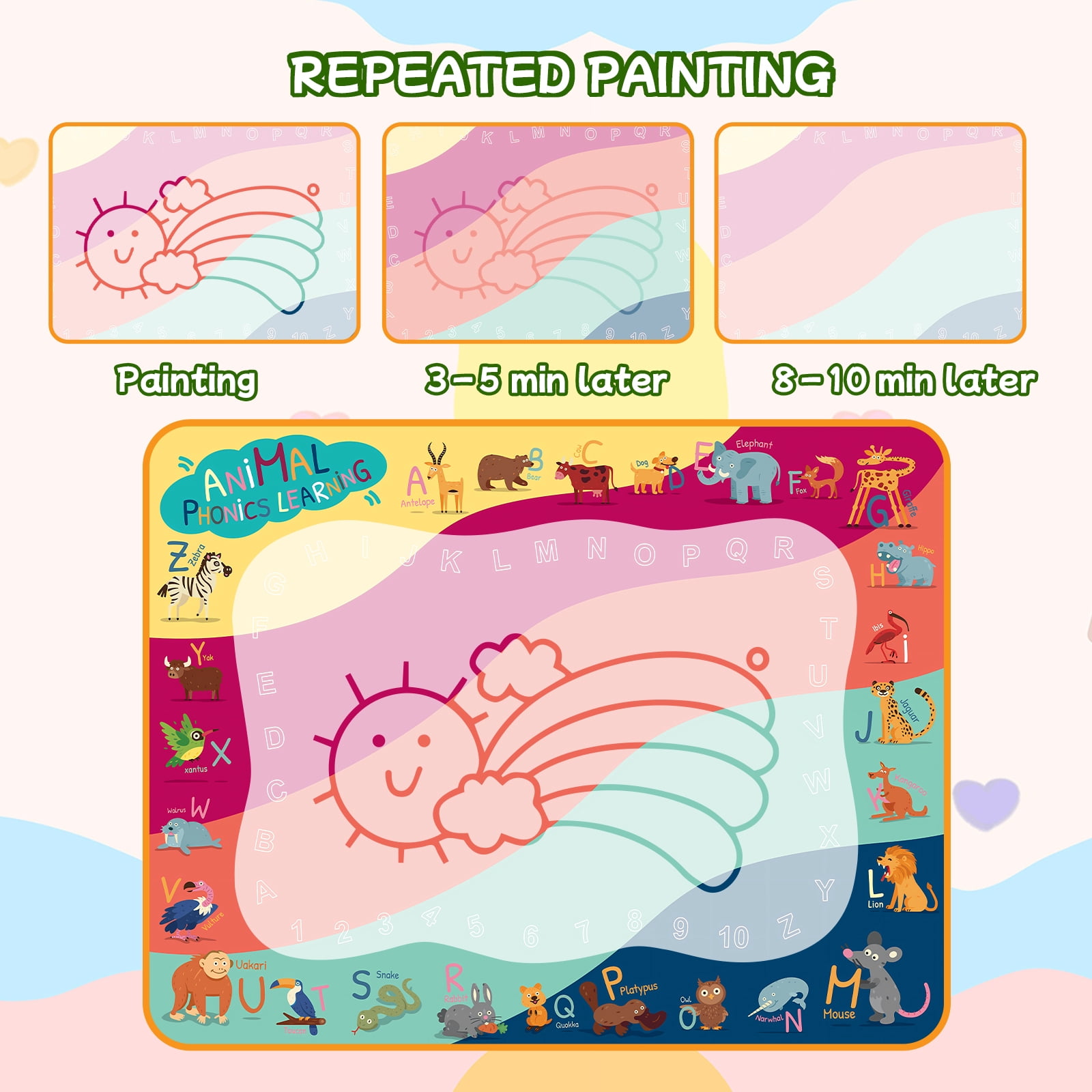 WLBES Water Doodle Mat, Reusable Mess-Free Aqua Drawing Pad for Toddlers (Multicolor, 30 in x 30 in) 2u7dm