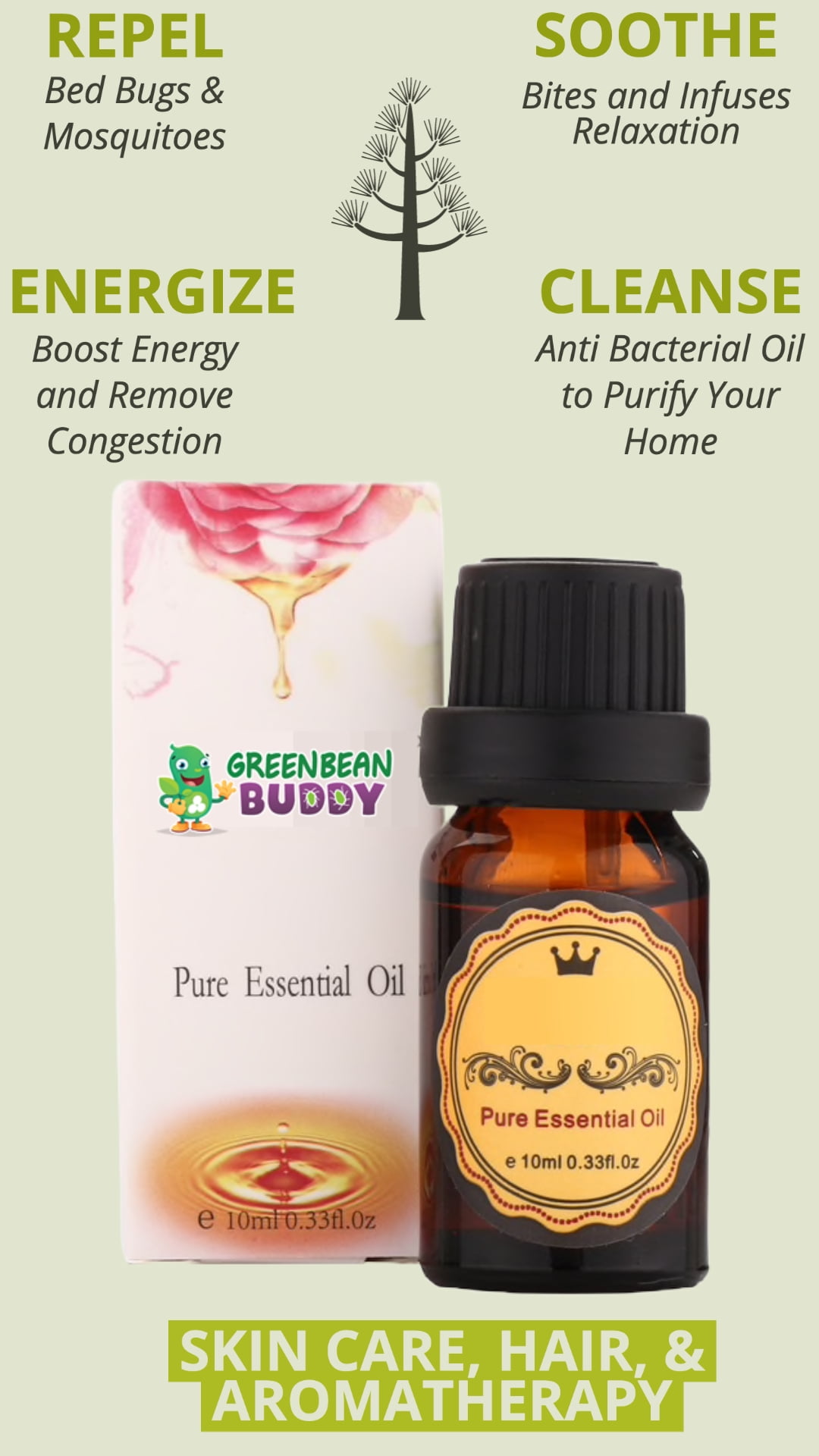 Green Bean Buddy Citronella Essential Oil Natural Insect Repellent for Bed Bugs and Mosquitoes (0.33 fl oz) tea2j