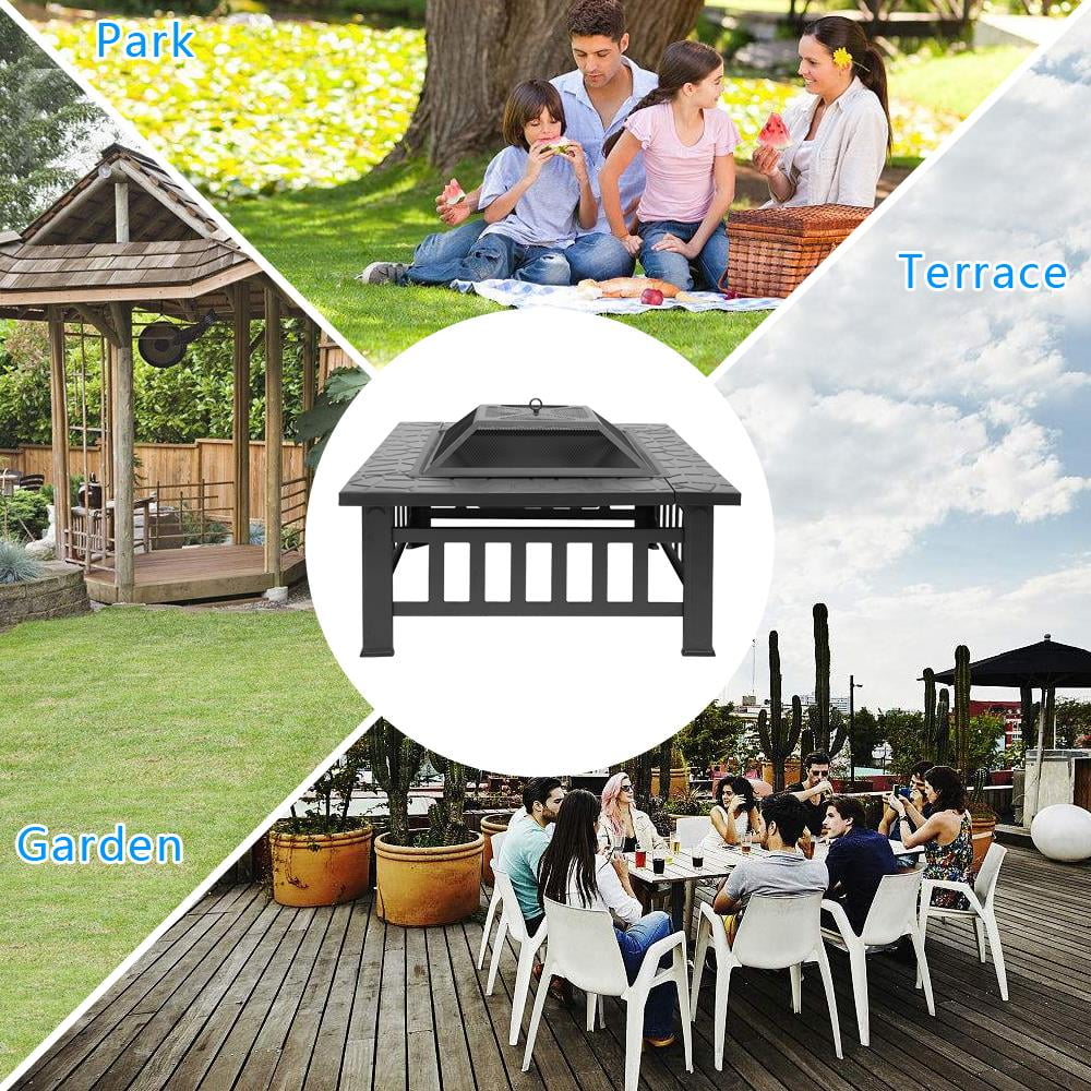 Zimtown 32 in Square Metal Fire Pit with Spark Screen and BBQ Grate (Black, 32 in) ma39g