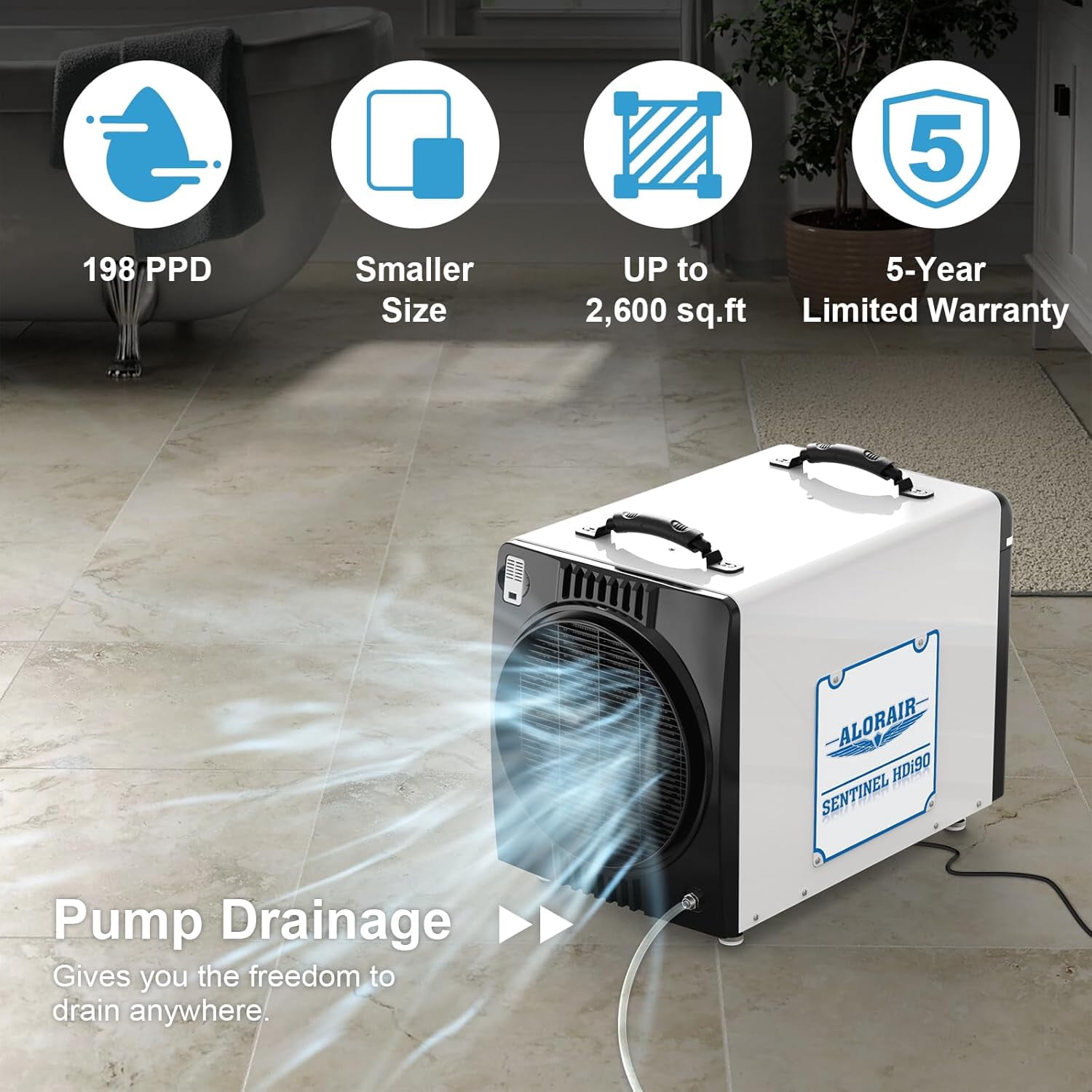 AlorAir Commercial Dehumidifier for Basement and Crawl Space with Built-in Pump and Drain Hose (White, 198 PPD) heqtw
