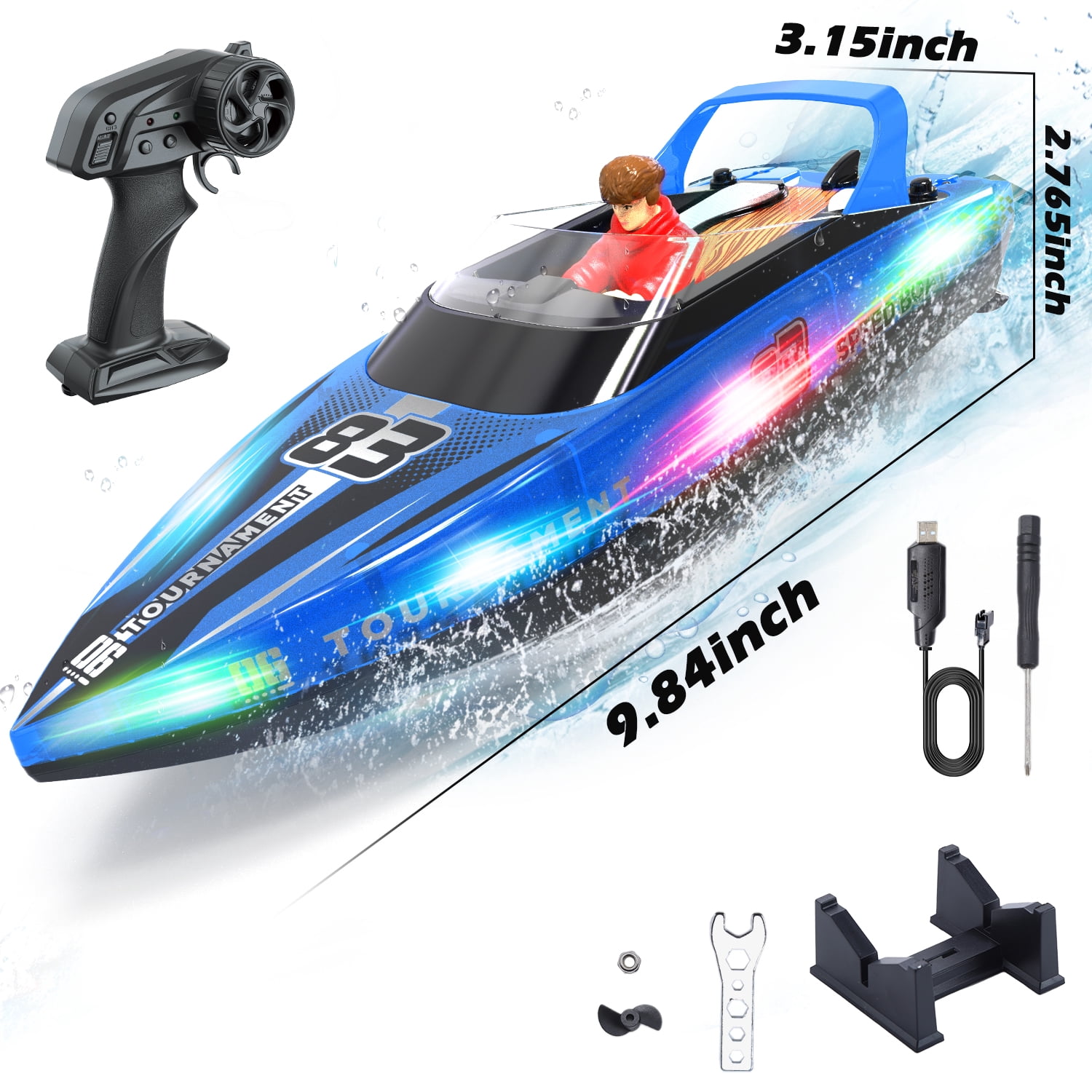 JoyStone RC Boat with LED Lights, Dual Motor Remote Control Racing Speedboat for Pools and Lakes (Blue, 10 in) dva7n