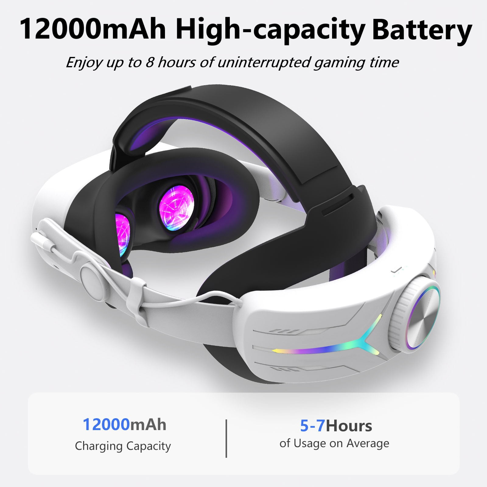Pecham Battery Head Strap for Meta Quest 3/3S, 12000mAh Extended Power Elite Strap with RGB Lighting, Ergonomic Adjustable VR Headset Accessory (White, 12000mAh) 204ny