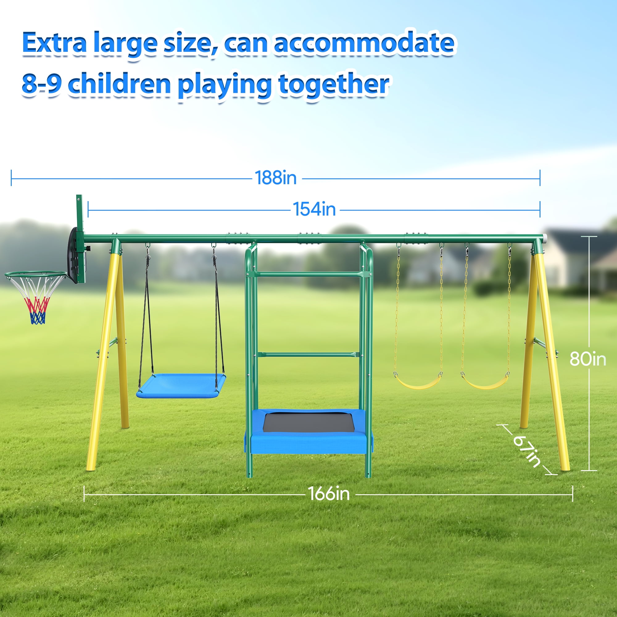 Easoger Metal Swing Set for Backyard, Heavy-Duty Outdoor Kids Playset with Trampoline, Platform Swing, 2 Swings and Basketball Hoop (11.1 ft L x 8.3 ft W x 6.1 ft H) mry3p