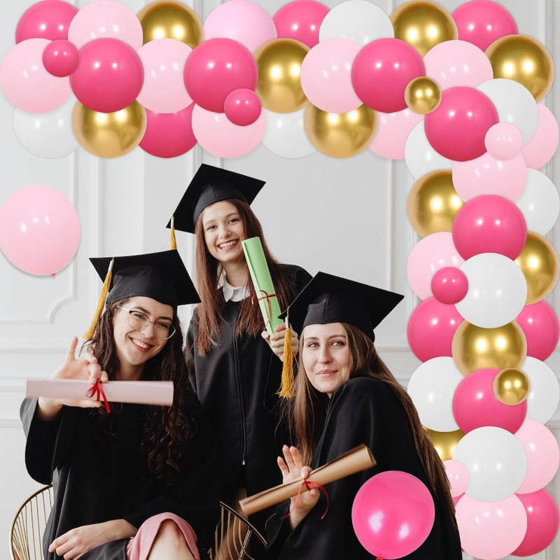 Joymemo 71-Piece Graduation Party Decoration Set, Pink and Gold Balloon Garland Arch Kit with Congrats Grad Backdrop (Pink, 71-Piece Set) tq3ya