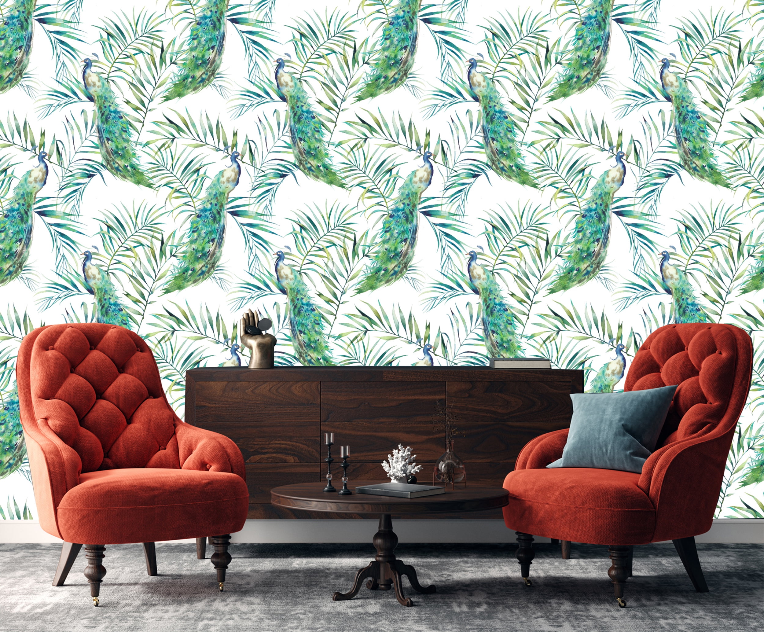 MuralsPrint Peacock Peel and Stick Wallpaper, Removable Floral Wall Decor (Green, 24 in x 10 ft) erk2x