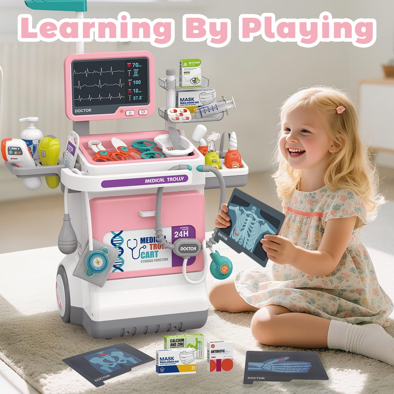 LINXUXIE Doctor Medical Play Set with Mobile Cart, Pretend Play Role Play Activity Center (Pink, 1 Set) huslj