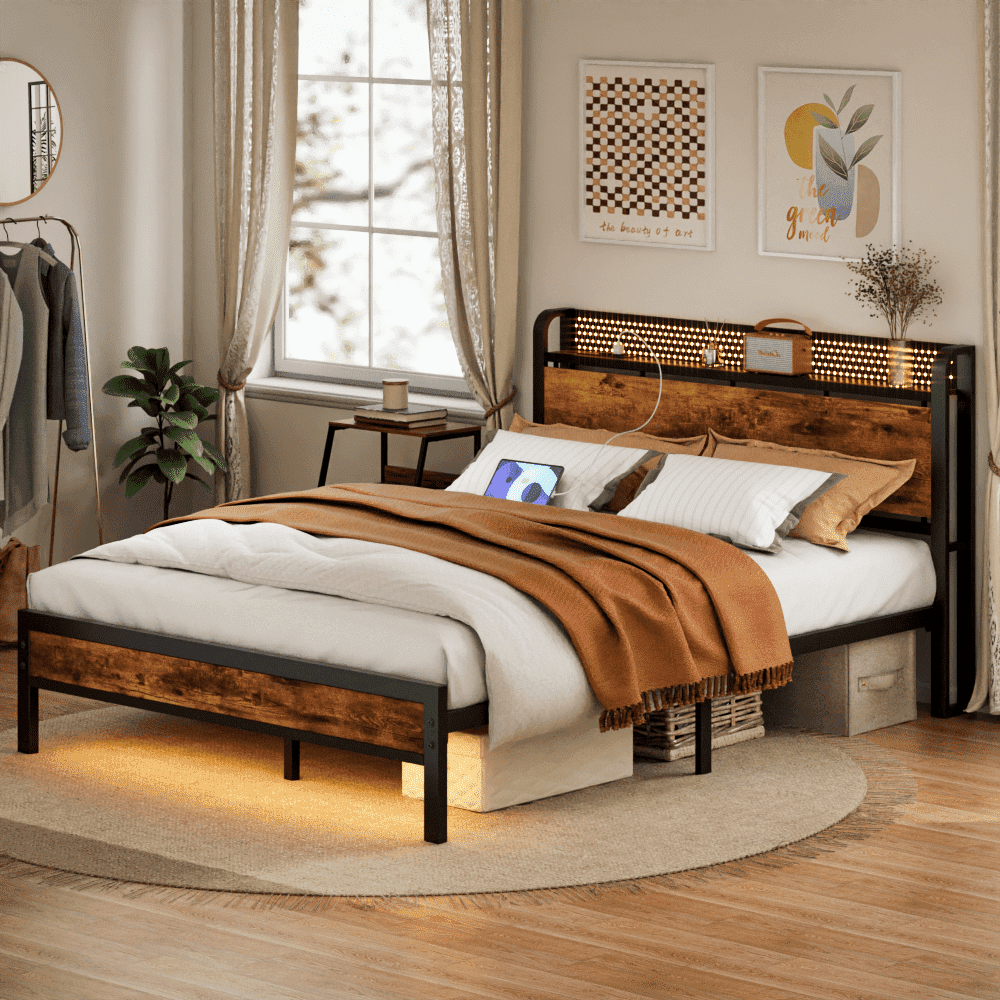 Satifur LED Platform Bed Frame with Storage Headboard and Charging Station (Rustic Brown, Queen) yyjtq