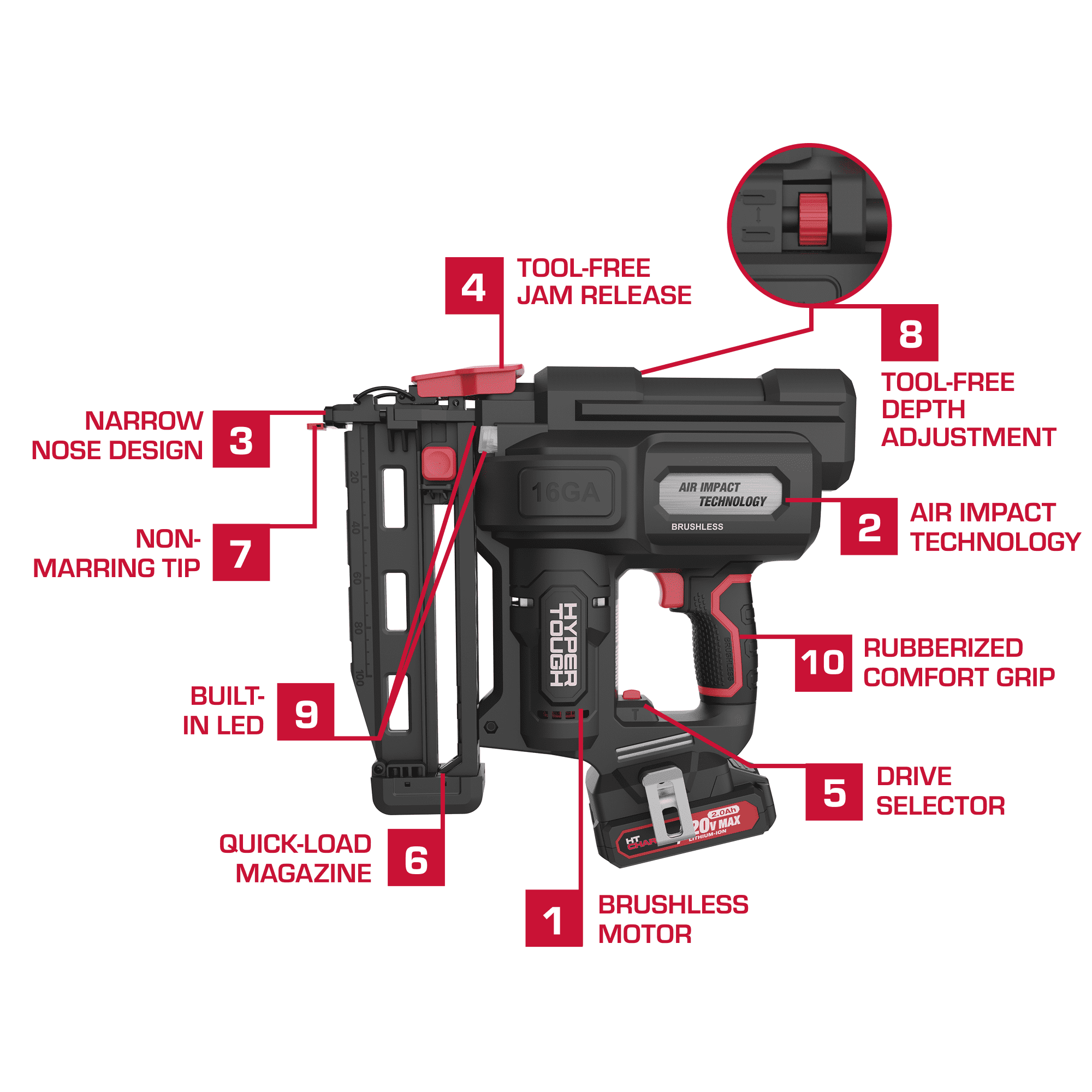 Hyper Tough 20V Brushless Cordless 16-Gauge Finish Nailer Kit (Black, 5/8 to 2-1/2 in) xk8fg