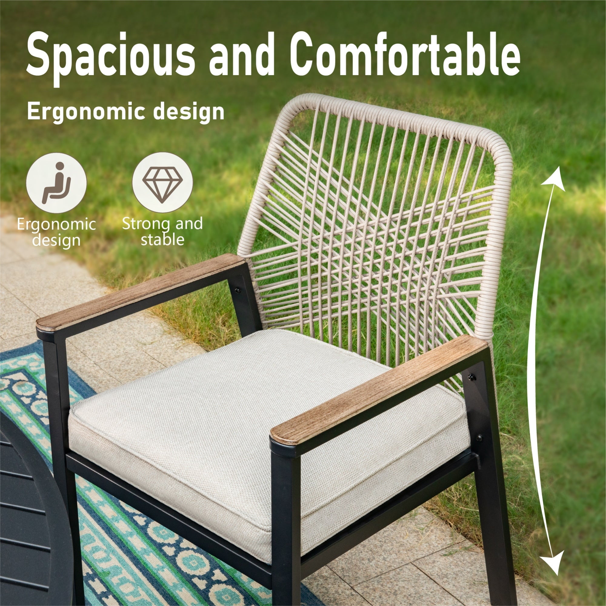 MF Studio 5-Piece Outdoor Patio Dining Set, Rattan Rope-Woven Chairs and 34.2 in Square Table (Black and Beige, 5-Piece Set) 0m3xf