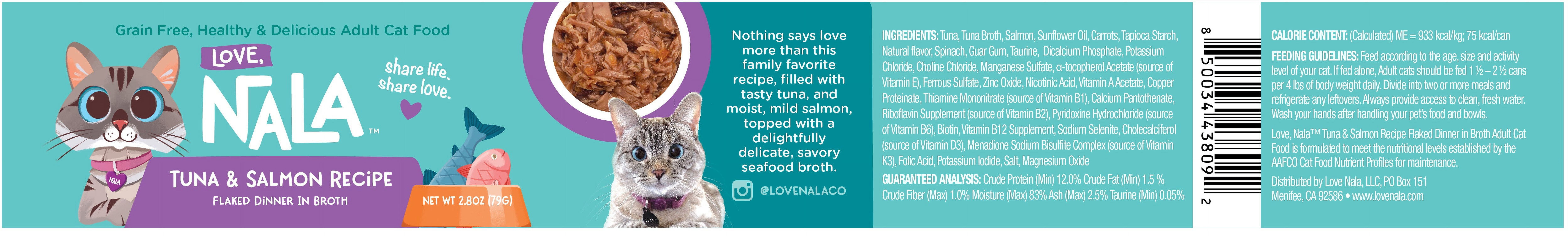 Love, Nala Adult Cat Flaked Wet Cat Food Tuna & Salmon Recipe (6 Pack, 2.8 oz) 85gnv