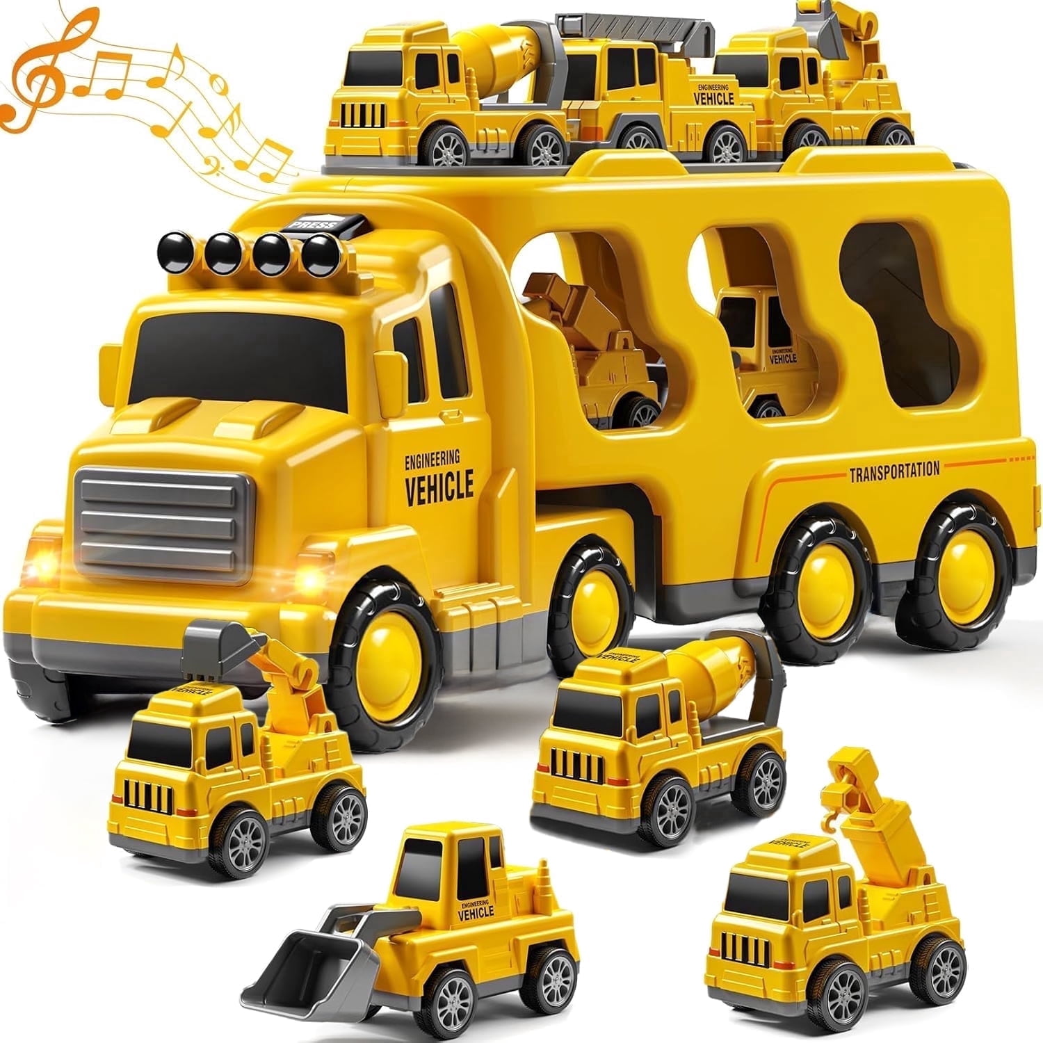 PayUSD 5-in-1 Construction Carrier Truck Set with Friction Power Vehicles (Yellow, 1 Set) qd7xg