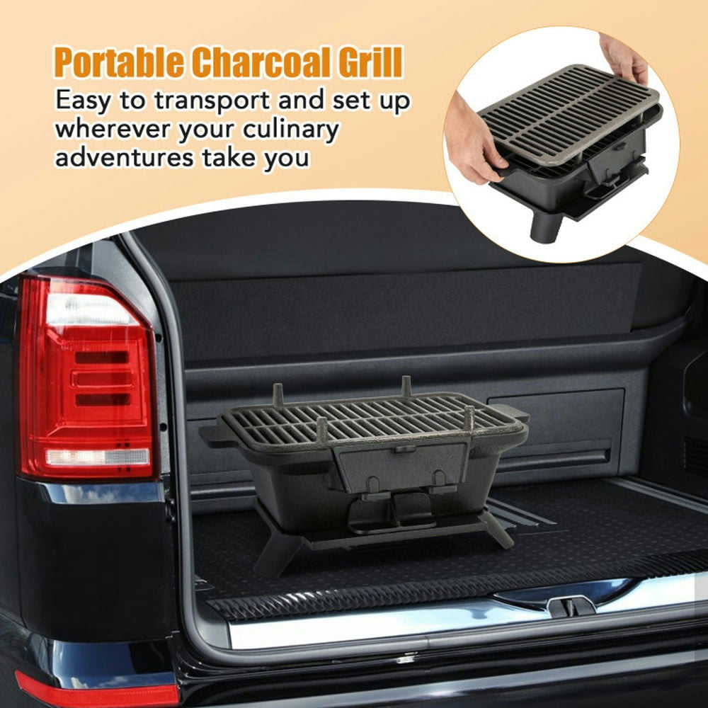 Topcobe Cast Iron Hibachi Charcoal Grill with Grate Lifter (Black, 16 in x 11 in x 7 in) z6qta