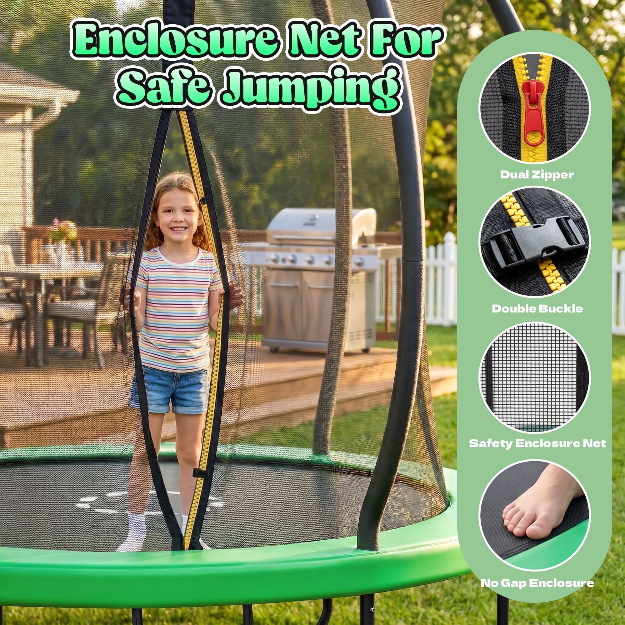 Gardwin Round Outdoor Trampoline with Safety Enclosure, Ladder, Sprinkler, and Basketball Hoop (Green, 12 ft) 8w8tp