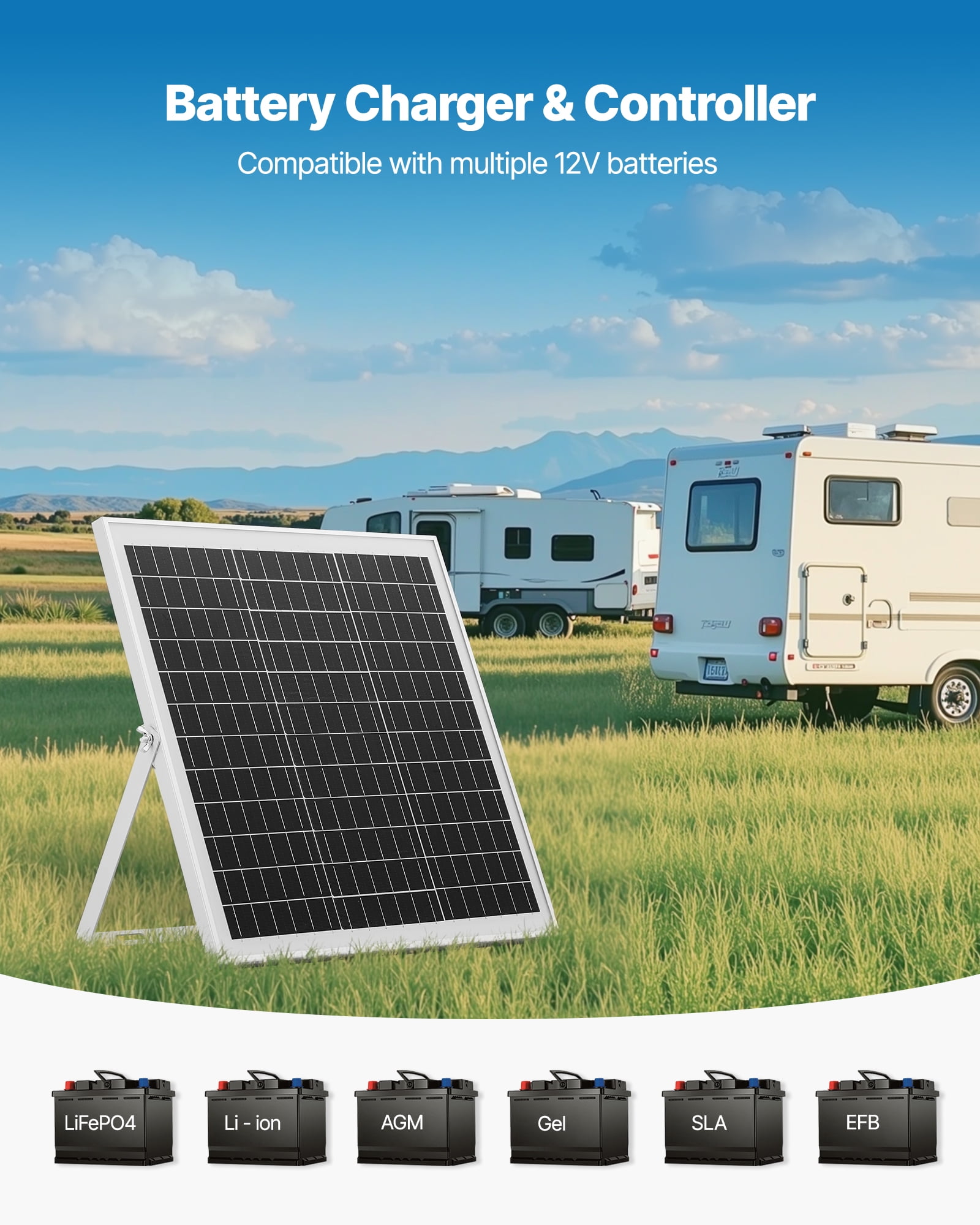 VEVOR 20W 12V Solar Panel Battery Trickle Charger Maintainer with MPPT Controller and Adjustable Mount (Black, 20 Watt) 4spdj - Image 4
