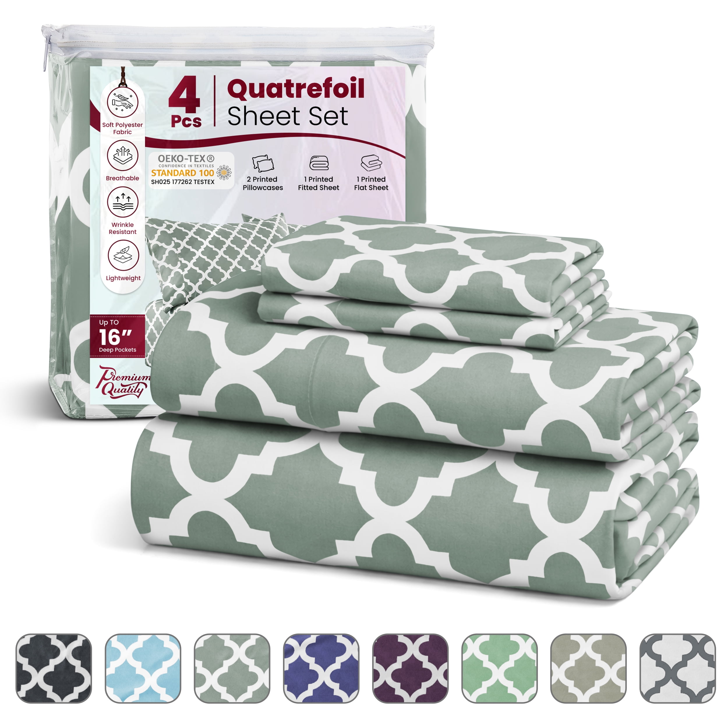 Lux Decor Collection Queen Bed Sheet Set (4-Piece, Quatrefoil Pattern, Grey) aabee