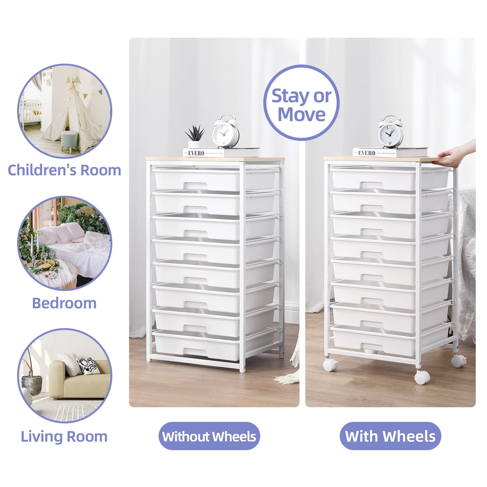 KINGRACK Rolling Storage Cart with 8 Drawers and Wooden Tabletop (White, 15.55 in x 12.60 in x 31.18 in) v4xgi