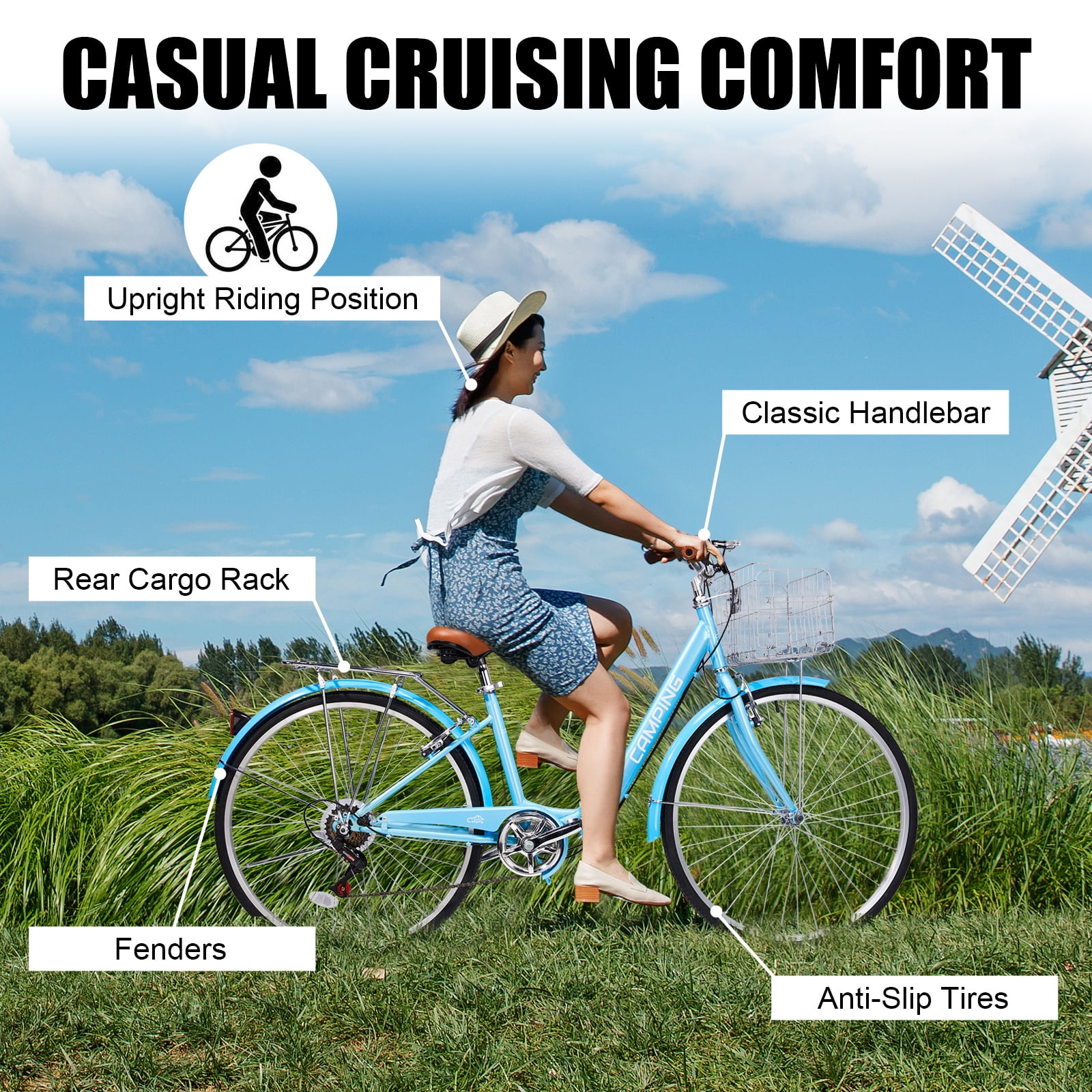 UBesGoo 26in 7-Speed Folding Beach Cruiser Bike, Adjustable Comfort Seat with Dual V-Brakes (Blue, 26 in) i4m4n